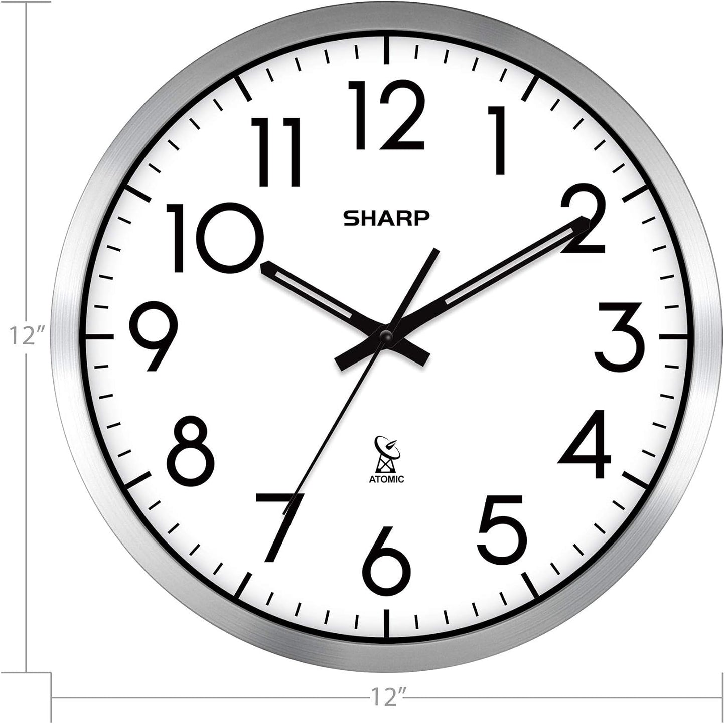 Sharp 12-Inch Atomic Wall Clock, Battery Operated, Silver Brushed Finish