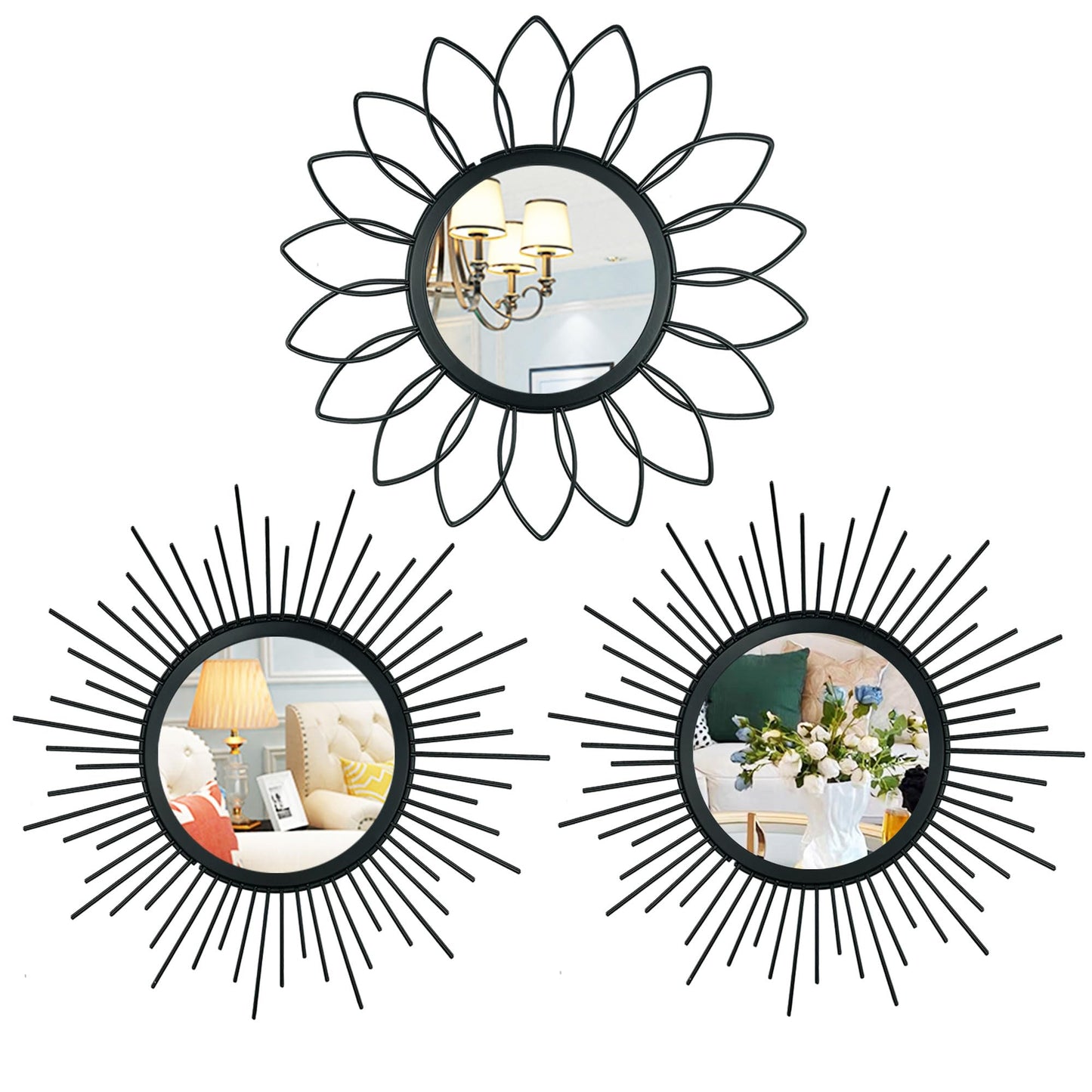 3 Pack Metal Mirrors for Wall Sunburst Wall Mirrors Home Décor Decorative Hanging Wall Art for Living Room Bedroom Entryway (Gold, Flower+Sunburst)