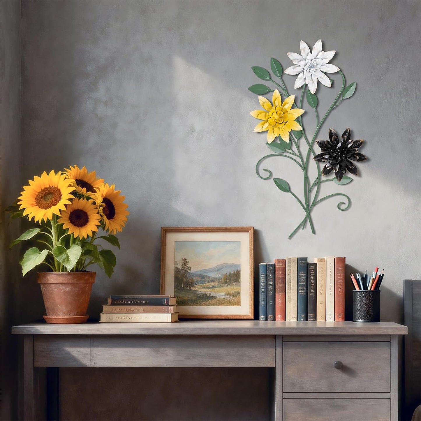 KHJCXS 19"×12" Metal Flower Leaf Wall Art with 6 Piece Interchangeable Flowers, Modern Rustic Iron Artwork Hanging Decor, for Home Bedroom Living Room Dining Room Kitchen Office
