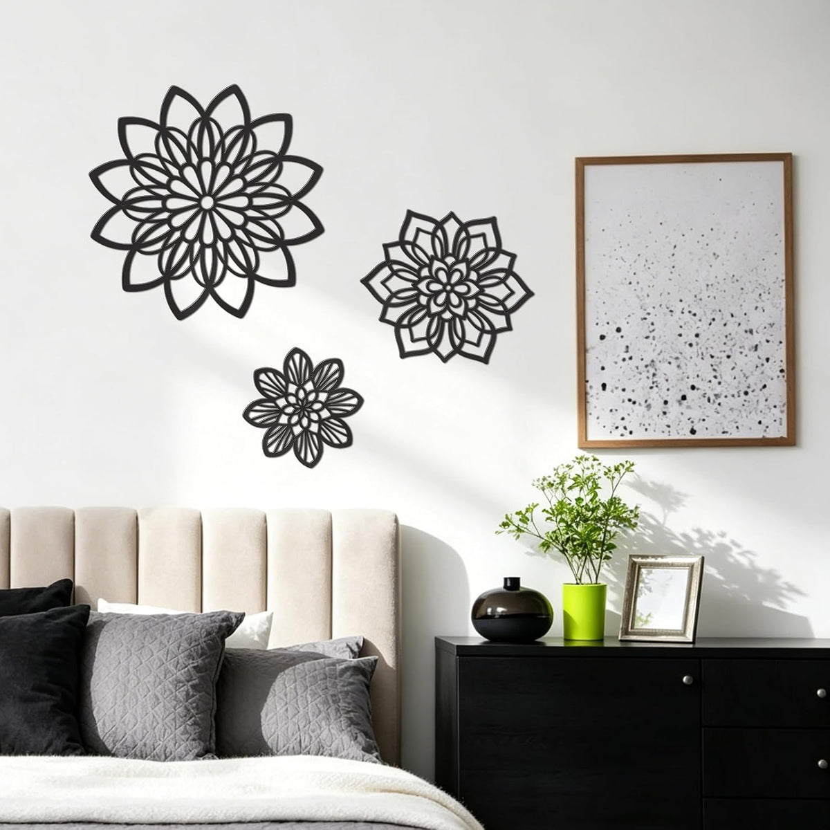 Zzbakress 3 Pcs Metal Flowers Wall Art Bathroom Wall Decor, Black Elegant
