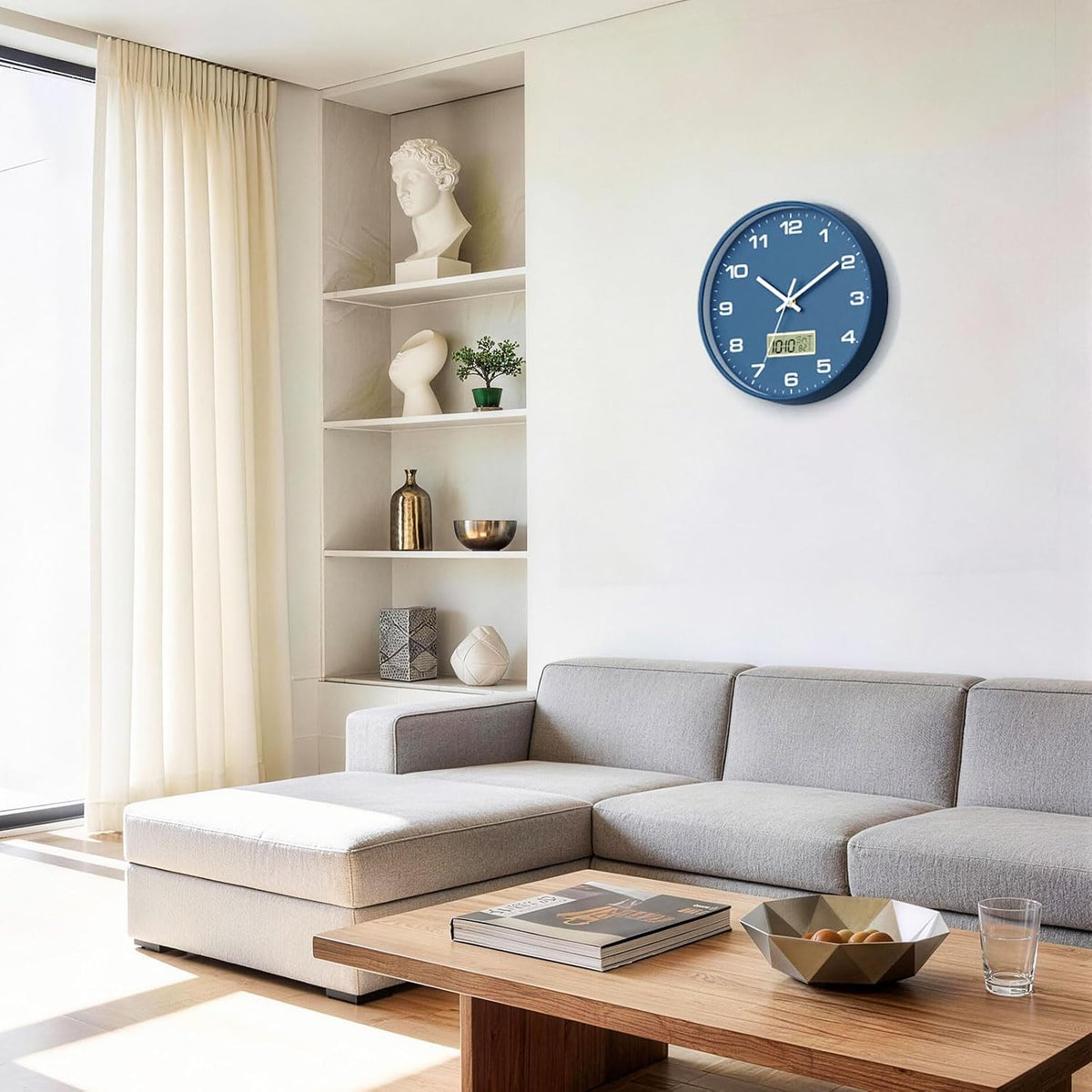 12 Inch Wall Clock, Silent Non-Ticking Analog with LCD Display, Battery Operated, Perpetual Calendar, Date, Weekday & Temperature (°C/°F), Tempered Glass for Living Room, Bedroom, Kitchen, Office