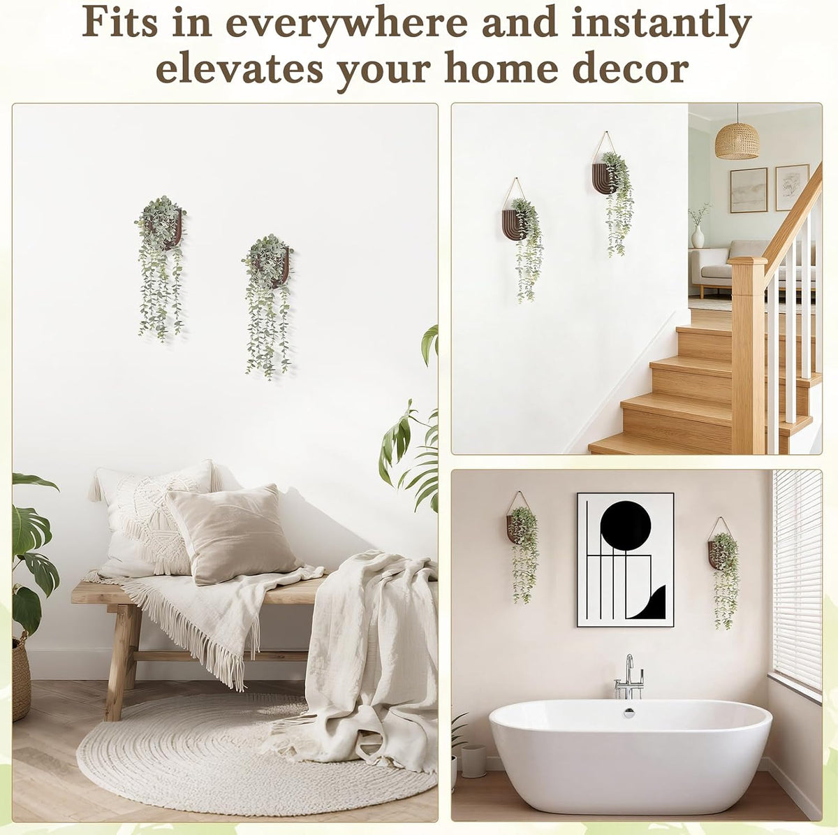 Dahey 2 Pack Wall Planter Vase with Hanging Fake Plants for Bathroom Decor