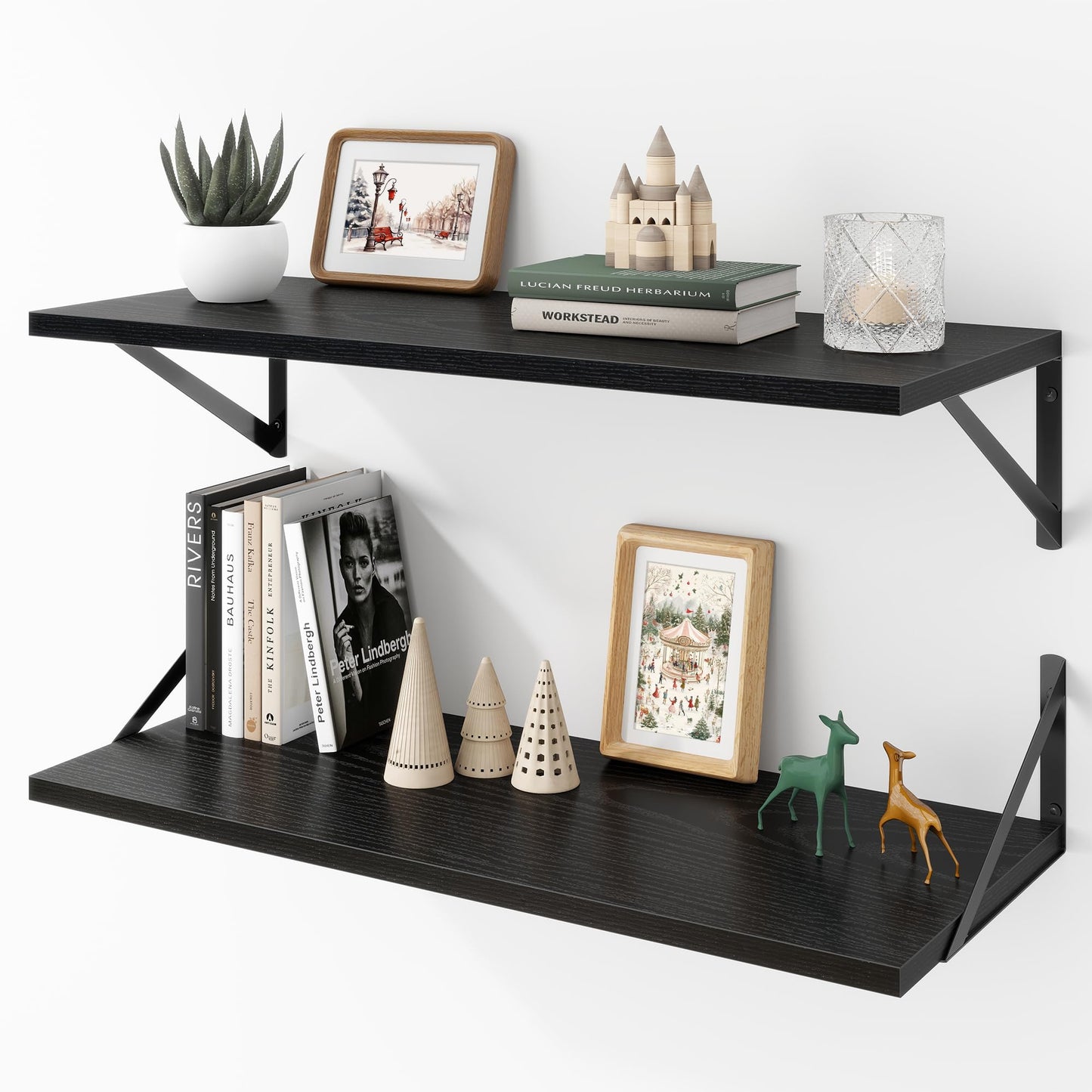 Acovy Deep Floating Shelves Wall Mounted, 36"x12" Black Wall Shelves with Brackets Set of 2 for Bedroom, Living Room, Bathroom, Kitchen, Office - Storage & Display Shelf for Decor, Books, Plants