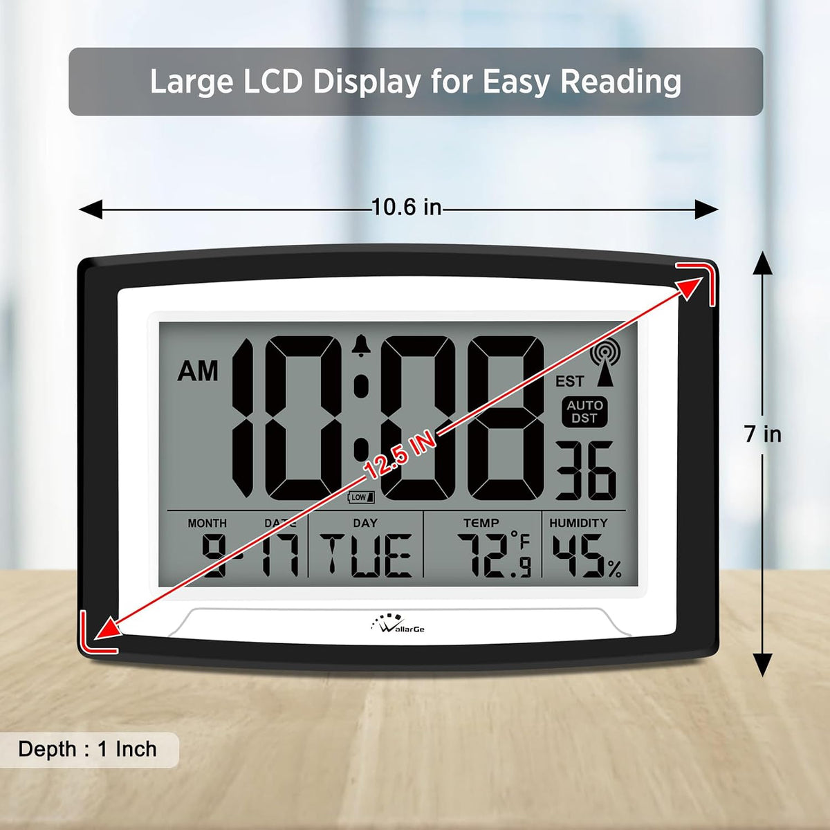 WallarGe 12.5 Inch Atomic Clock with Indoor Temperature and Humidity