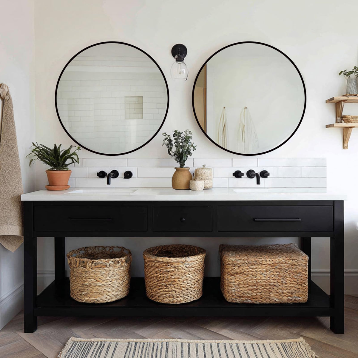Sunniry Black Round Mirror, Round Mirror 24 inch, Matte Black Metal Frame