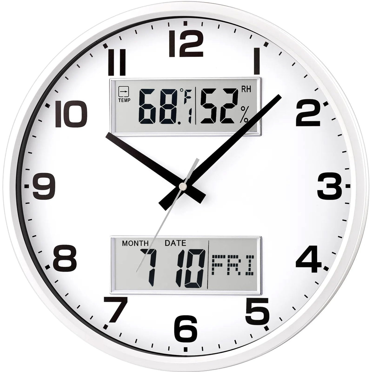13" White Battery Powered Silent Wall Clock with Calendar Temperature and Humidity H-7326