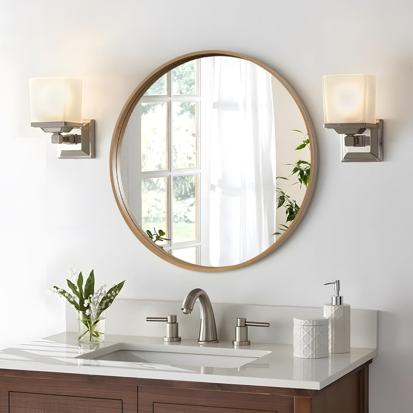 WallBeyond Round Wood Mirror 24 inch Circle Wall Mirror for Bathroom Round Wall Mirror for Wall Decor, Vanity, Entryway Living Room (Natural)