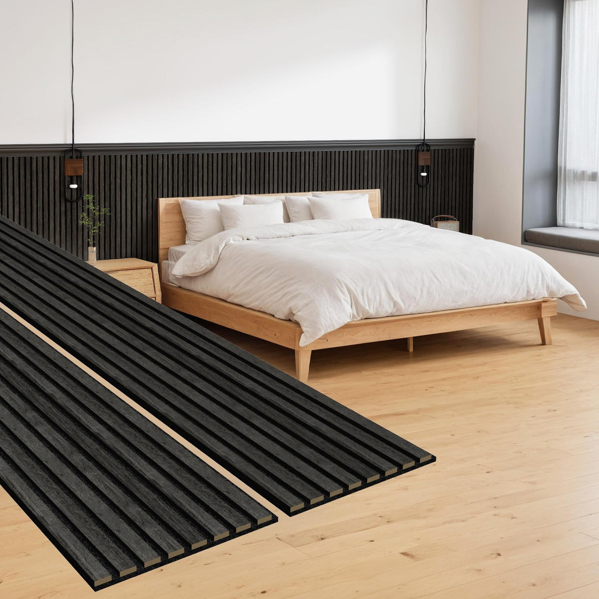 MISSDAY Wood Slat Acoustic Wall Panels, 2 Packs 94.5" x 12.6" Black Soundproof Panel For Interior Wall Decor Noise Absorbing-3D Textured Wooden Panel Sound-Absorbing for Home, Office, Studio