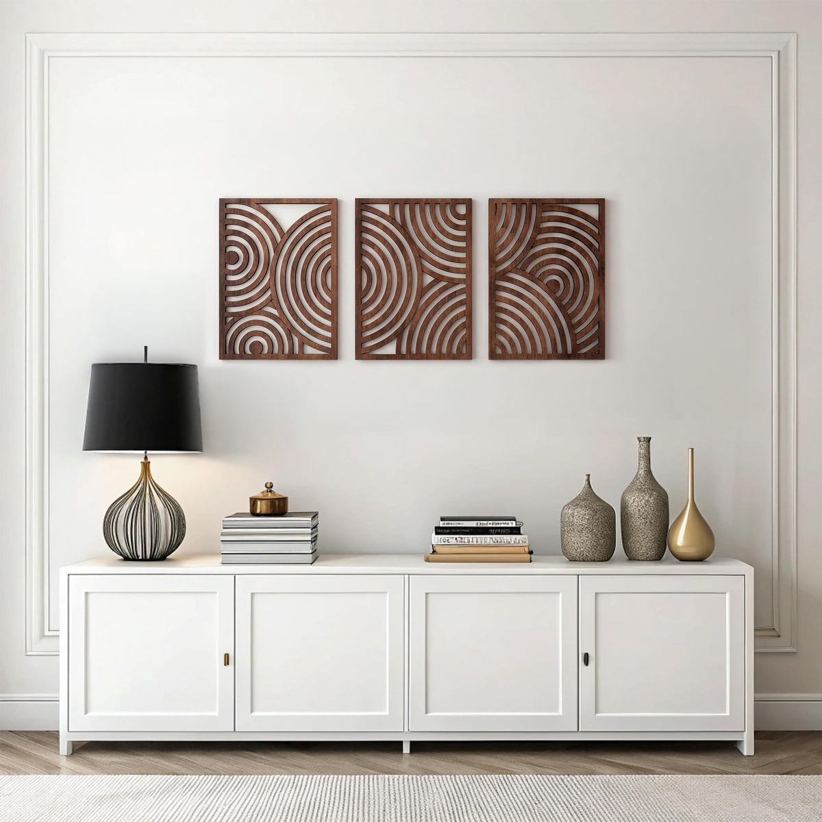 qmmp Modern Wooden Wall Sculptures - Set of 3 - Home Decor Accent - Large Wall Art for Living Room, Bedroom, Office - Easy Installation (Walnut, Medium - Mountain and Sun)