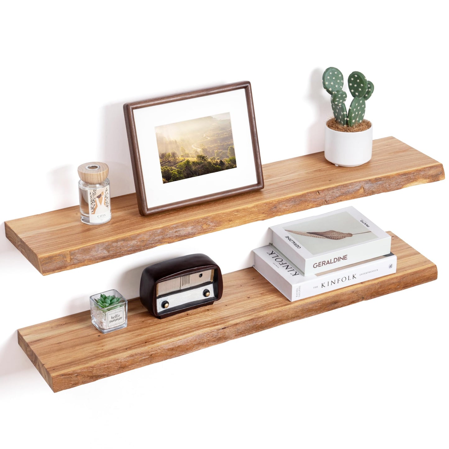 Floating Shelves for Wall Decor, Rustic Solid Elm Wood Live Edge Floating Shelves Wall Mounted, Wall Shelves with Invisible Bracket for Living Room Bathroom Bedroom Kitchen, 24 Inch Set of 2, Natural