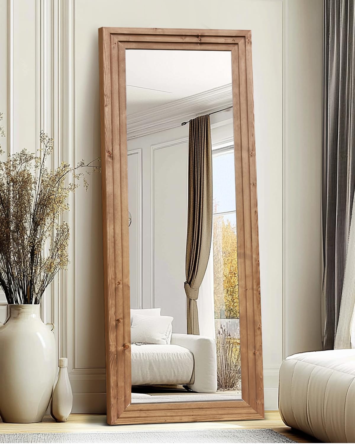 48x16in Oval Full Length Mirror Solid Wood Frame, Brown