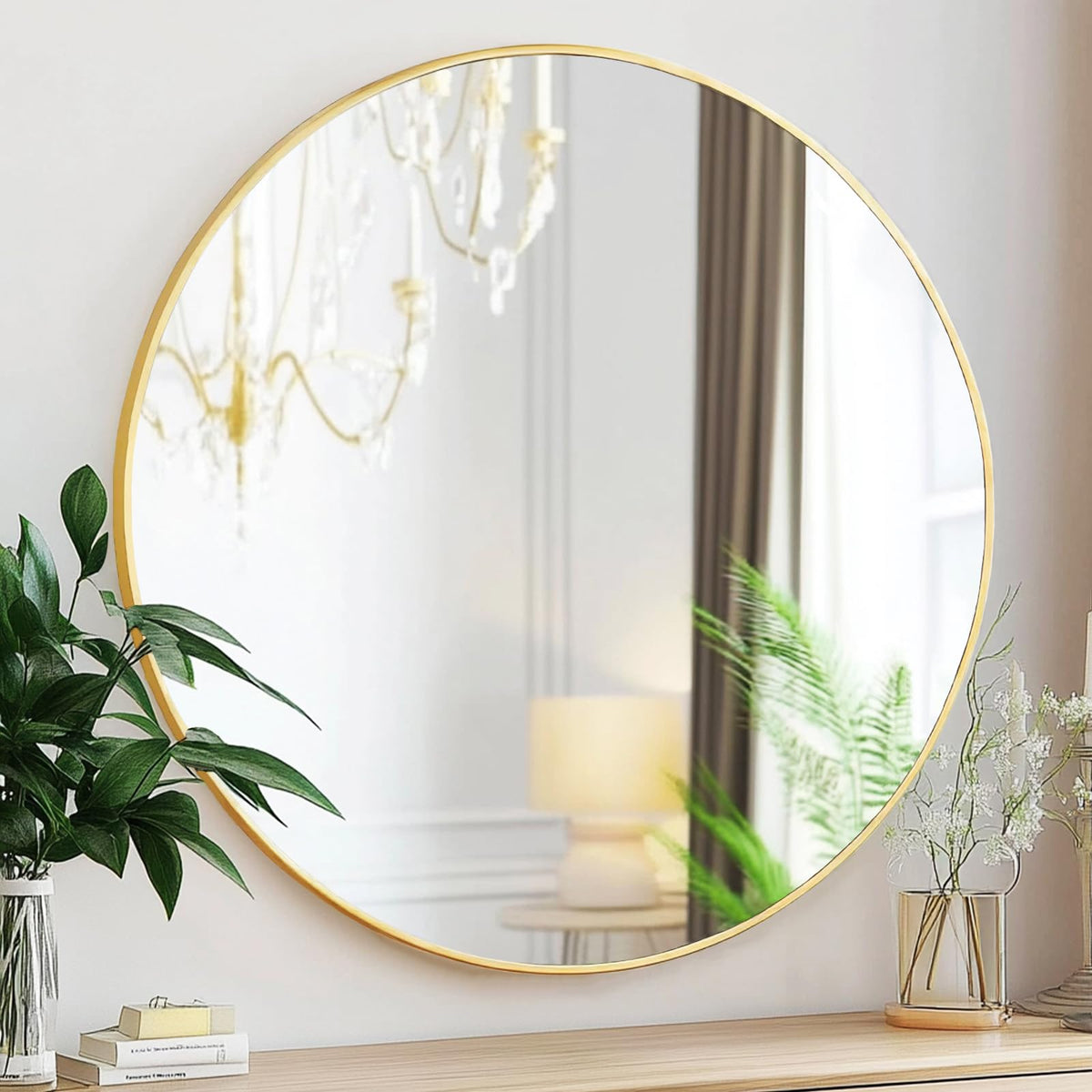 Sunniry Black Round Mirror, Round Mirror 24 inch, Matte Black Metal Frame