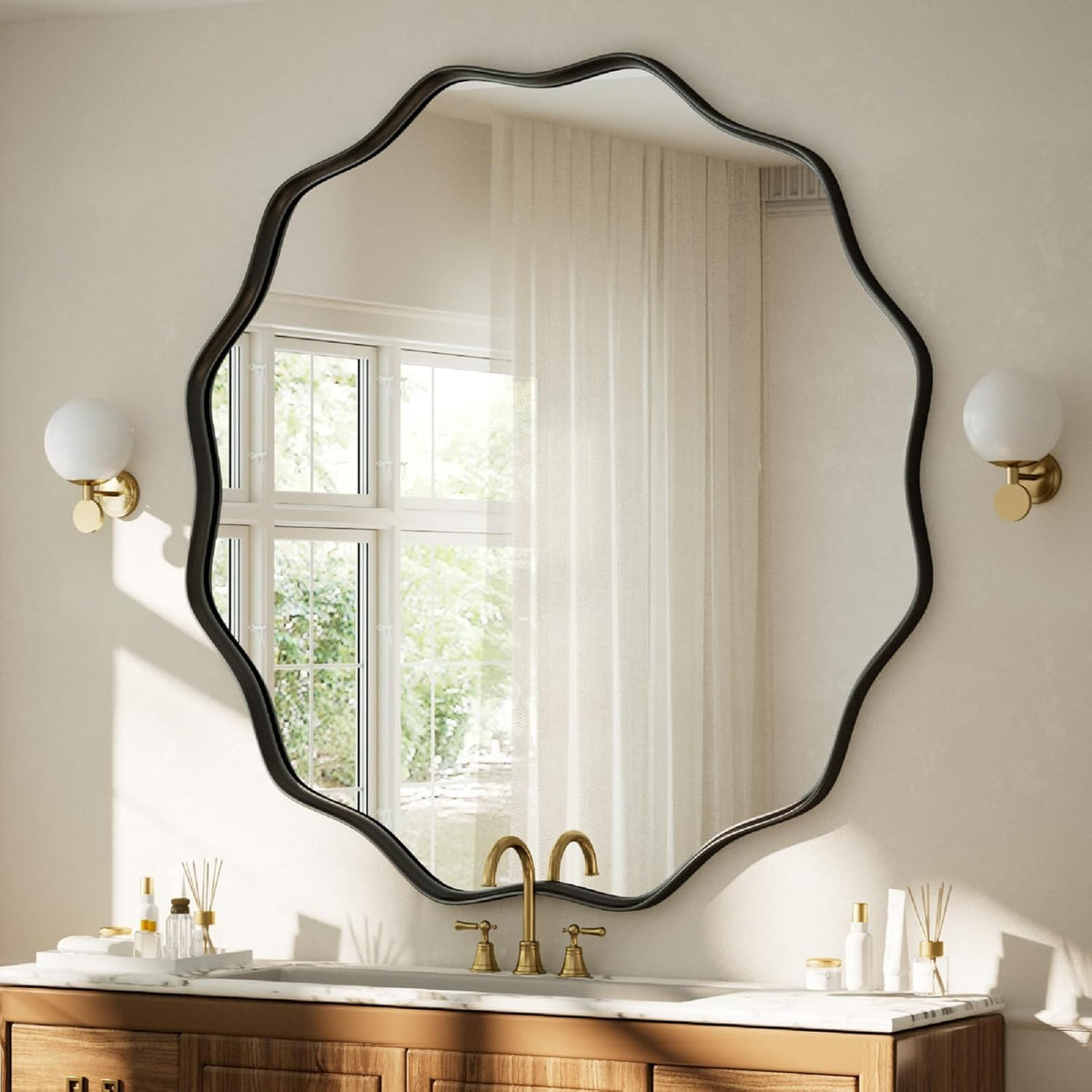VooBang Black Scalloped Large Circle Mirror, 42" Wavy Round Wall Mirror