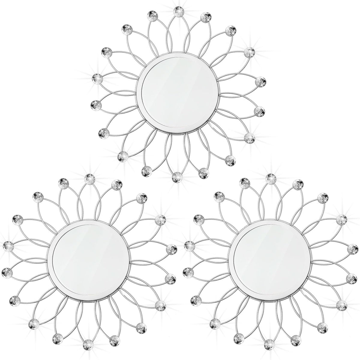 3 Pack Metal Mirrors for Wall Sunburst Wall Mirrors Home Décor Decorative Hanging Wall Art for Living Room Bedroom Entryway (Gold, Flower+Sunburst)