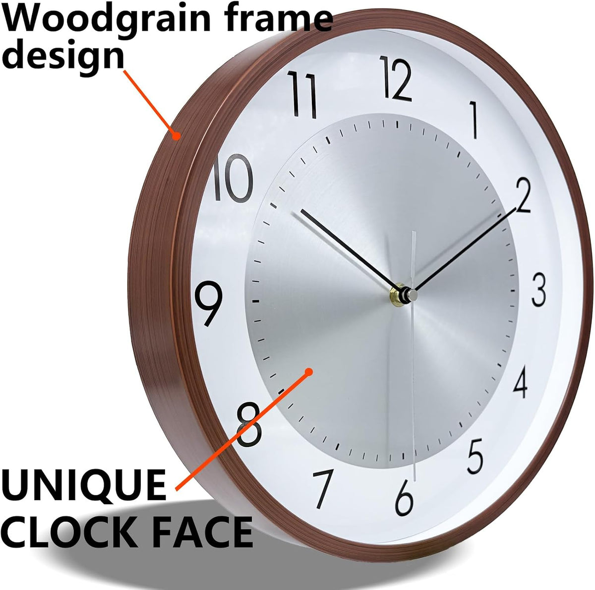 12 Inch Woodgrain Silent Wall Clock, Wall Clocks Battery Operated with Large Numbers, Non Ticking Analog Decorative Wall Clocks for Living Room Bedroom Office Gym Kitchen Outdoor Clock, Brown