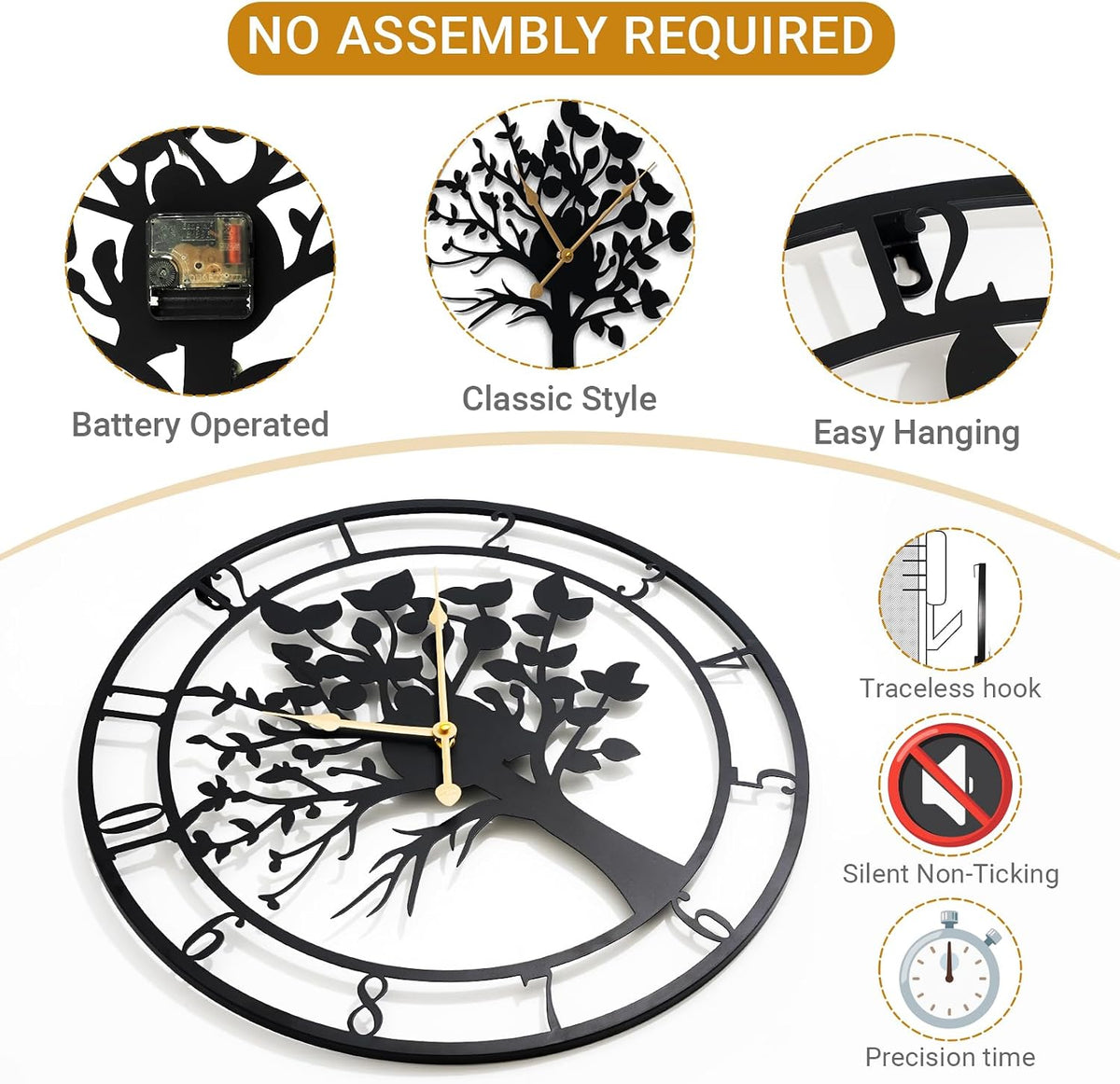 16 Inch Wall Clock, Tree of Life Metal Non Ticking for Living Room