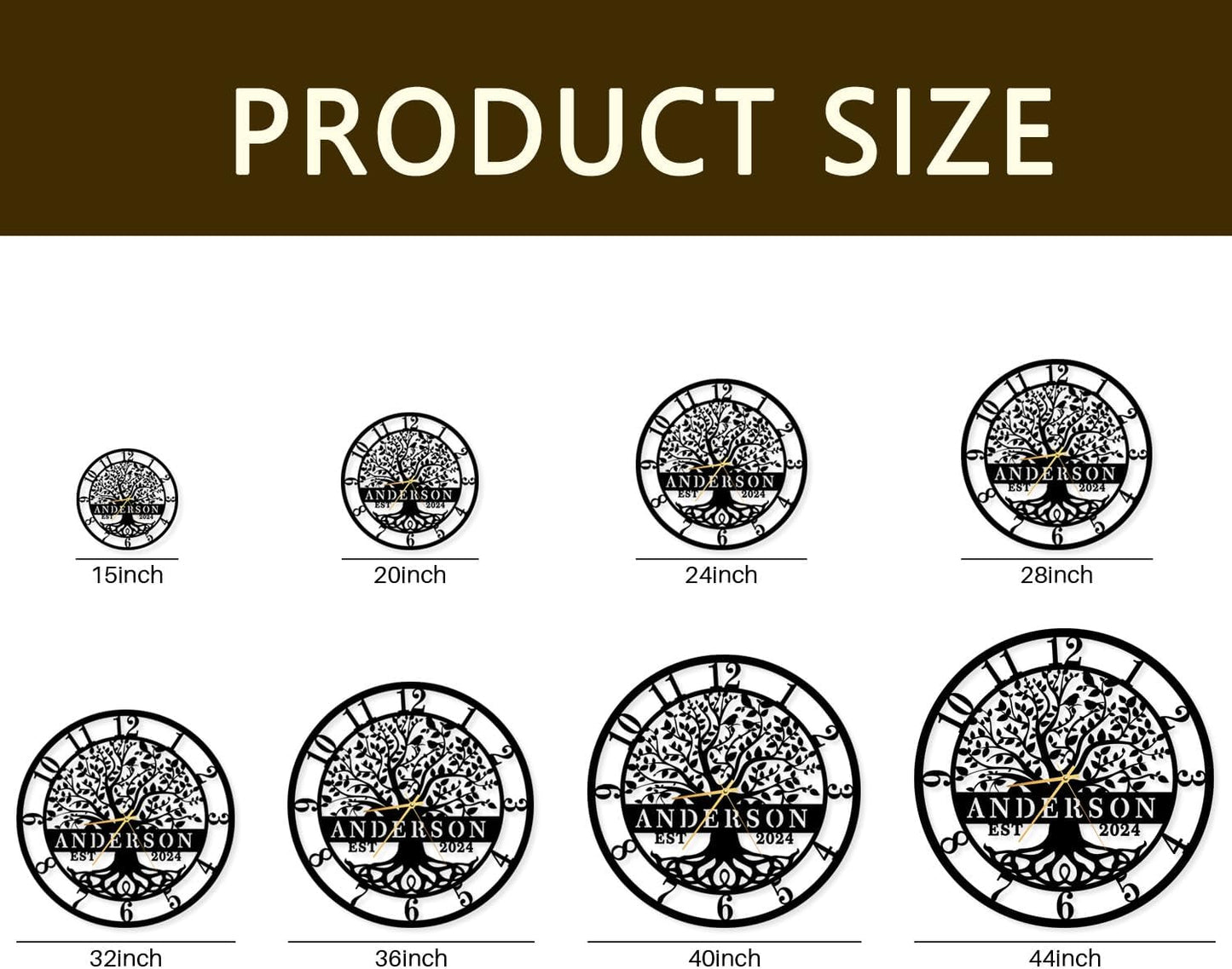 Personalized Family Tree of Life Metal Wall Clock - Custom Last Name Engraved Wall Art, Custom Metal Clock，Large Modern Home Decor for Housewarming, Wedding
