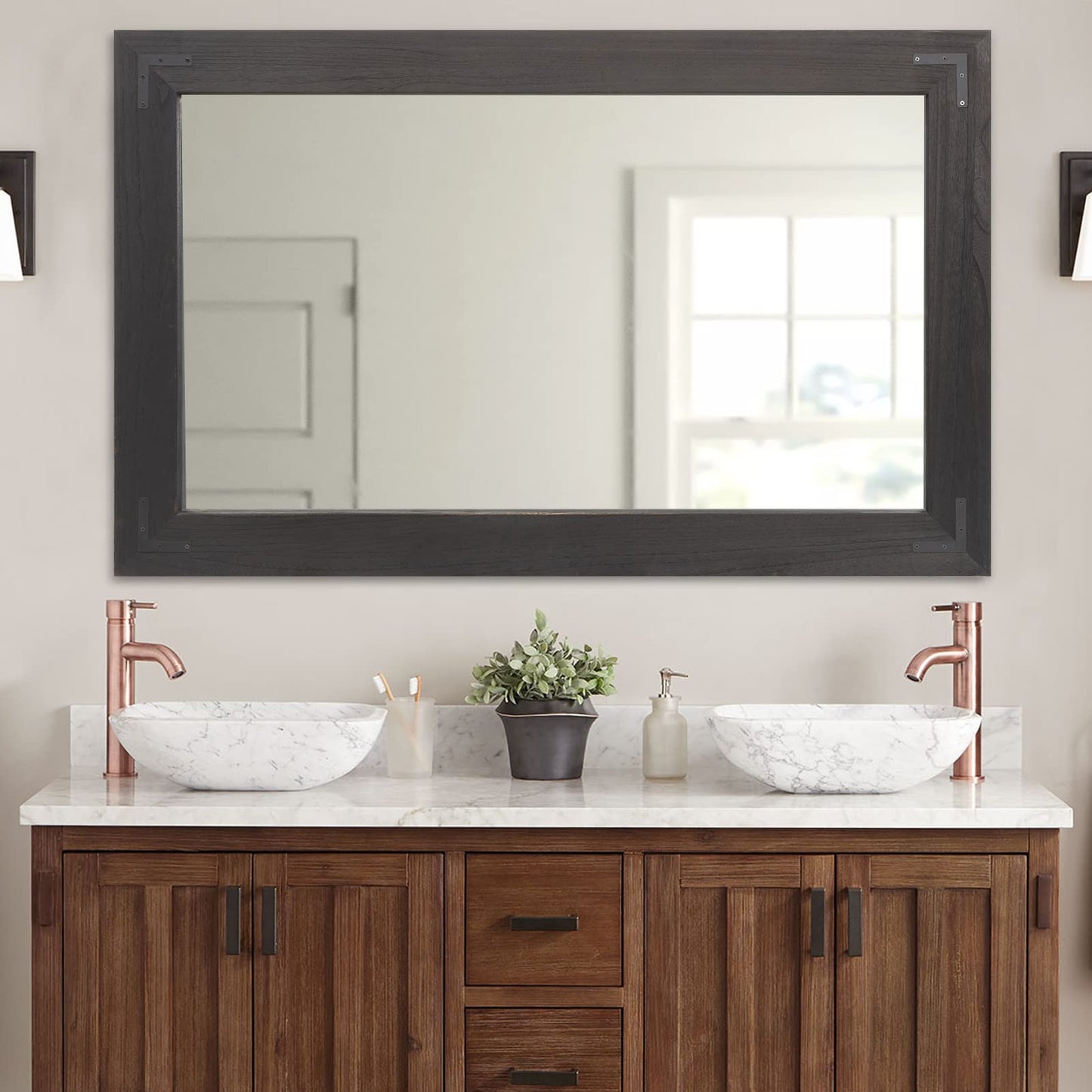 YOSHOOT Rustic Wooden Framed Wall Mirror, Natural Wood Bathroom Vanity Mirror for Farmhouse Decor, Vertical or Horizontal Hanging (26" x 18", Brown)