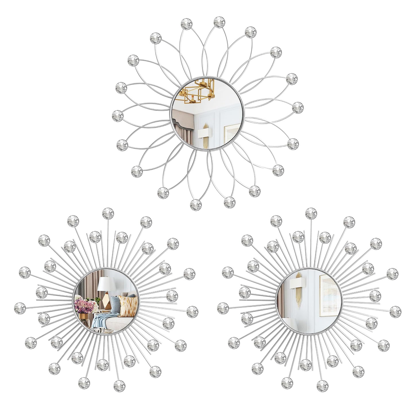 3 Pack Metal Mirrors for Wall Sunburst Wall Mirrors Home Décor Decorative Hanging Wall Art for Living Room Bedroom Entryway (Gold, Flower+Sunburst)