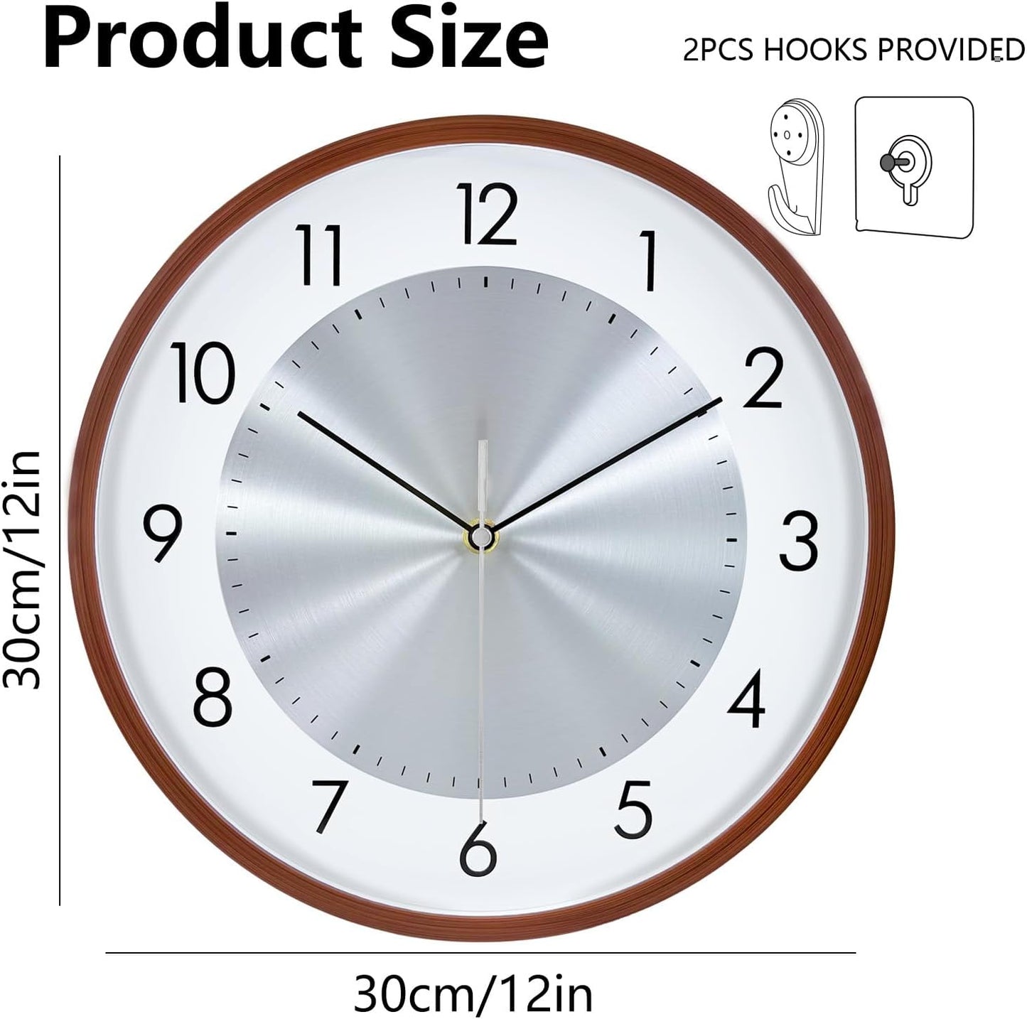 12 Inch Woodgrain Silent Wall Clock, Wall Clocks Battery Operated with Large Numbers, Non Ticking Analog Decorative Wall Clocks for Living Room Bedroom Office Gym Kitchen Outdoor Clock, Brown