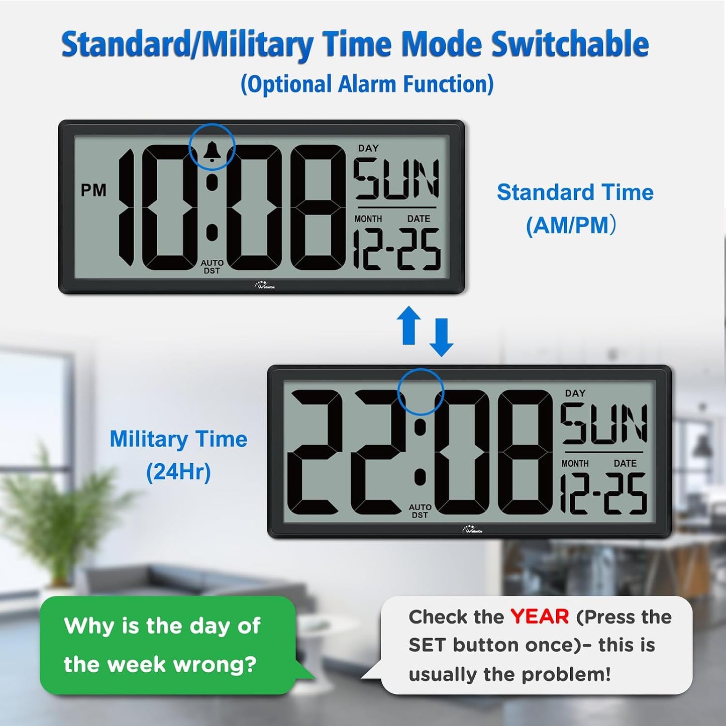 WallarGe 14.5'' Large Digital Wall Clock Battery Operated