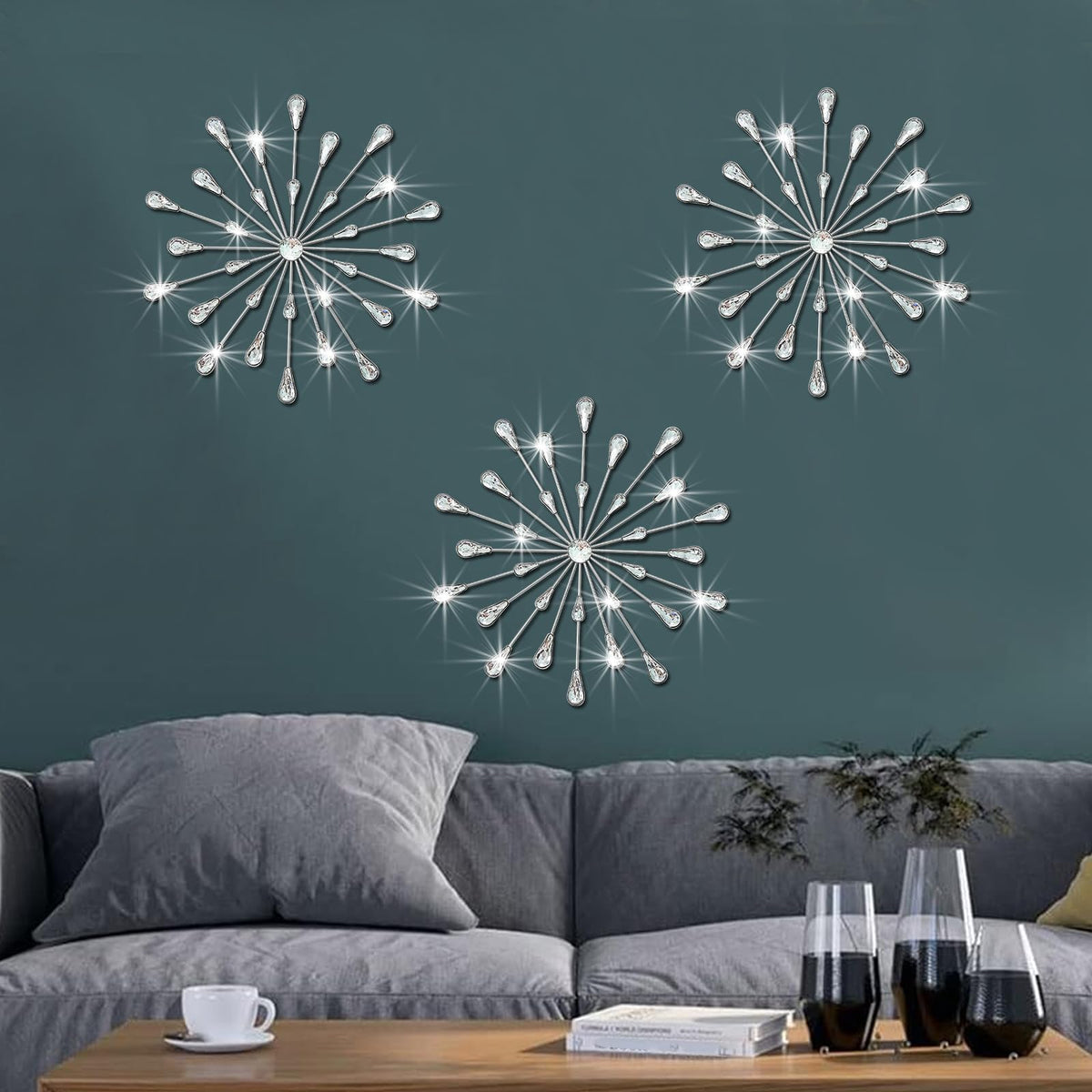 ZEXUIRU 3 Set Silver Starburst Wall Art for Home Decor Metal Bling Crystal Rhinestones Sunburst Wall Decor Sparkling Rhinestone Art Accent Silver - 13in