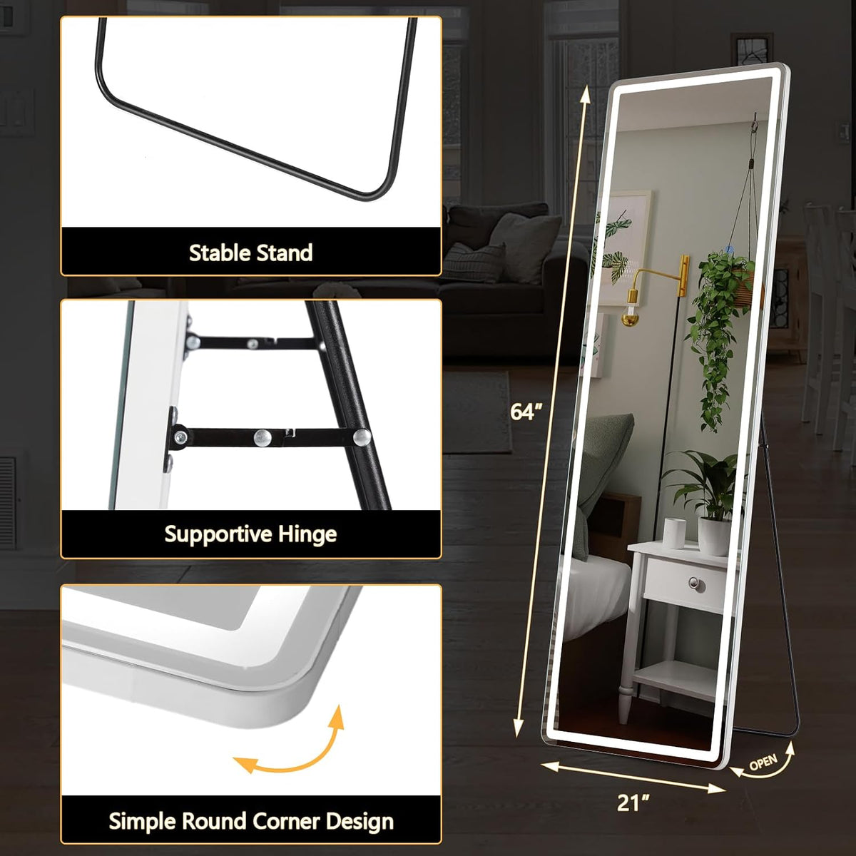 Sweetcrispy LED Full Length Floor Mirror, 65"x21" Lighted Full Body Mirror
