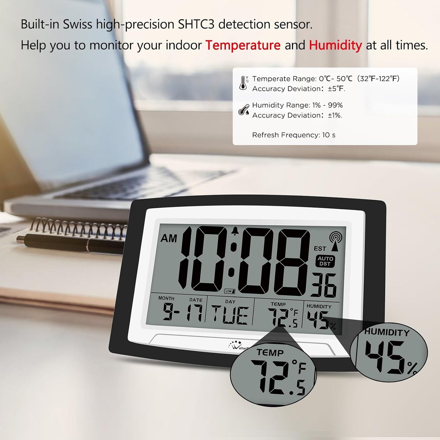 WallarGe 12.5 Inch Atomic Clock with Indoor Temperature and Humidity