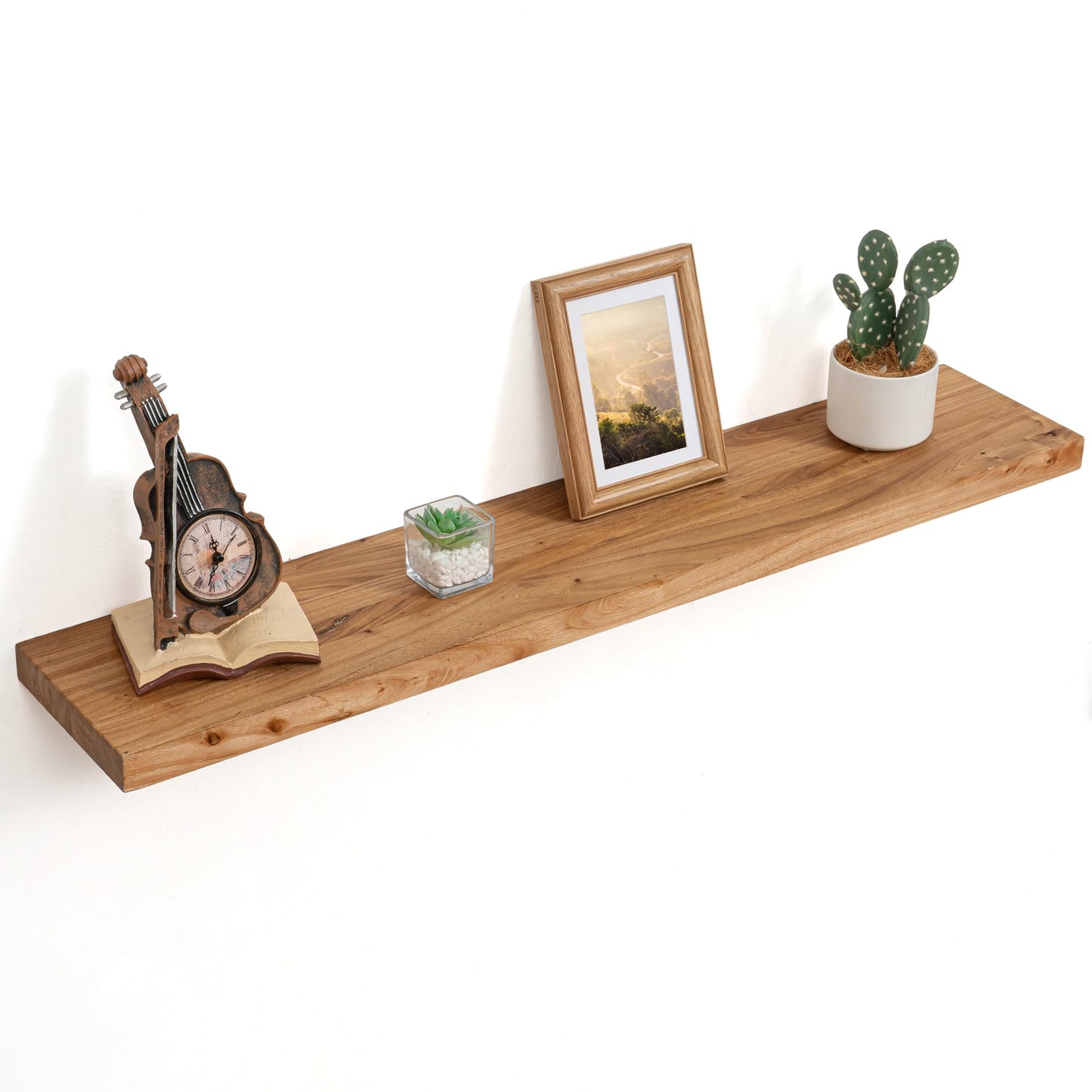 Floating Shelves for Wall Decor, Rustic Solid Elm Wood Live Edge Floating Shelves Wall Mounted, Wall Shelves with Invisible Bracket for Living Room Bathroom Bedroom Kitchen, 24 Inch Set of 2, Natural