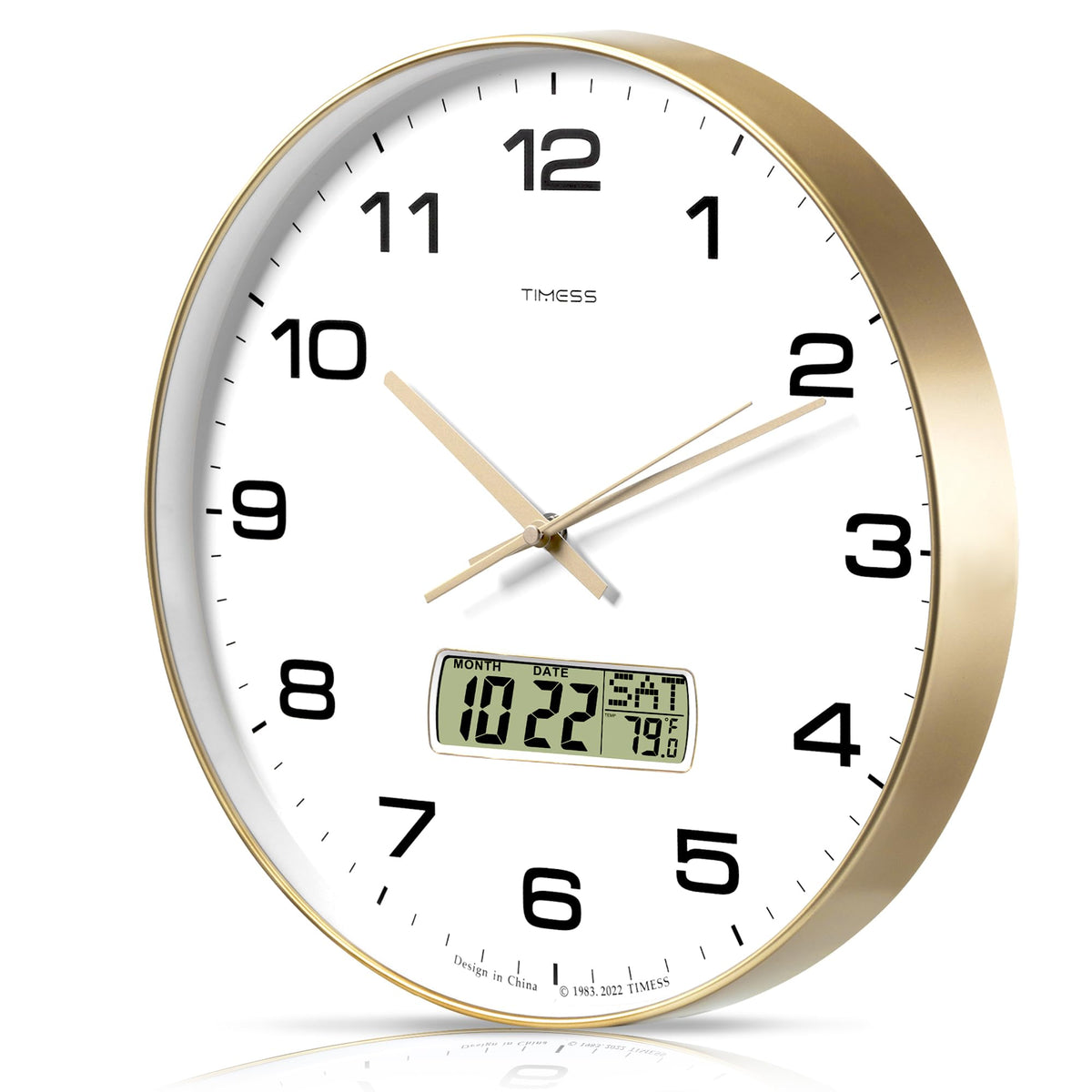 TIMESS Wall Clock, 10" Dial Non-Ticking Silent Battery Operated Analog with LCD Display for Perpetual Calendar and F° Temperature, Ideal Modern Home, Bedroom, Kitchen, Office Decor (Black)