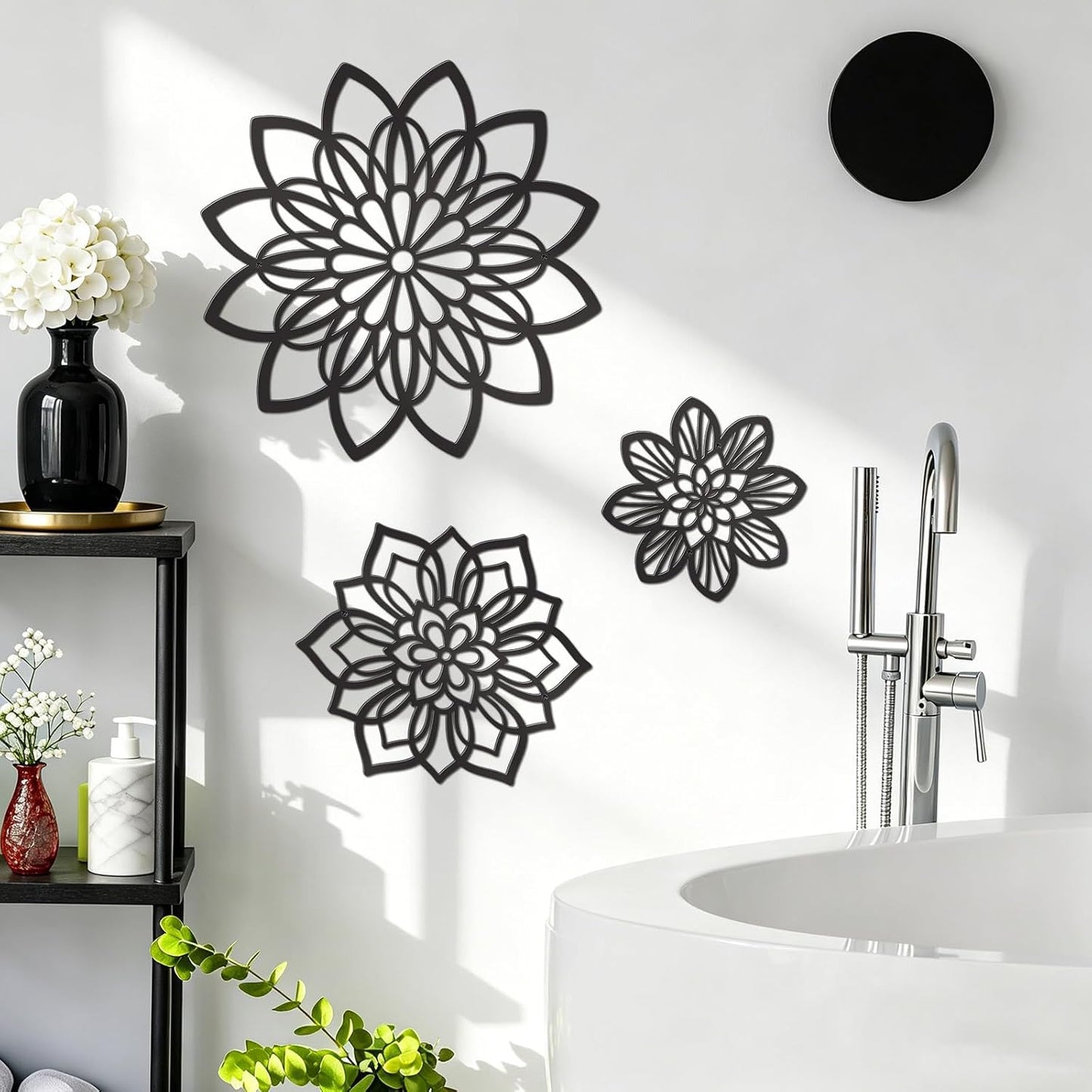Zzbakress 3 Pcs Metal Flowers Wall Art Bathroom Wall Decor, Black Elegant