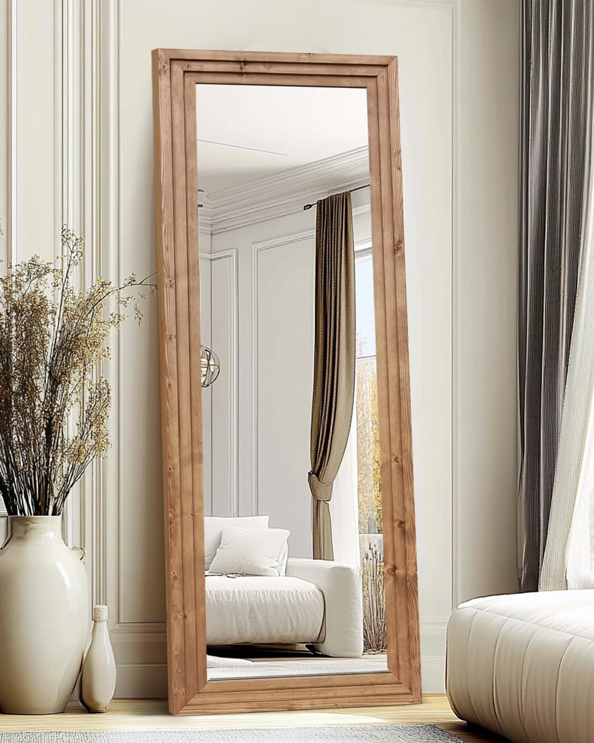 48x16in Oval Full Length Mirror Solid Wood Frame, Brown