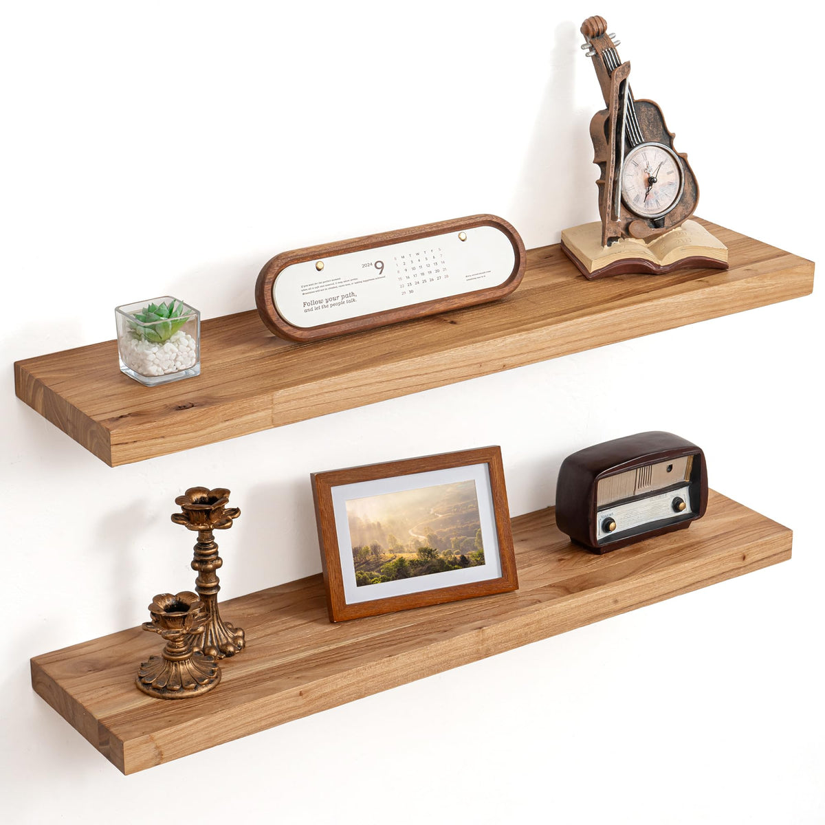 Floating Shelves for Wall Decor, Rustic Solid Elm Wood Live Edge Floating Shelves Wall Mounted, Wall Shelves with Invisible Bracket for Living Room Bathroom Bedroom Kitchen, 24 Inch Set of 2, Natural