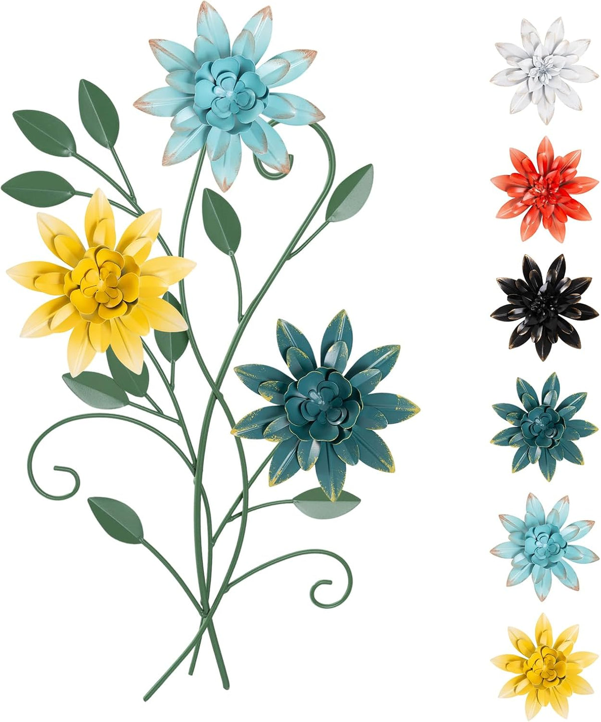 KHJCXS 19"×12" Metal Flower Leaf Wall Art with 6 Piece Interchangeable Flowers, Modern Rustic Iron Artwork Hanging Decor, for Home Bedroom Living Room Dining Room Kitchen Office
