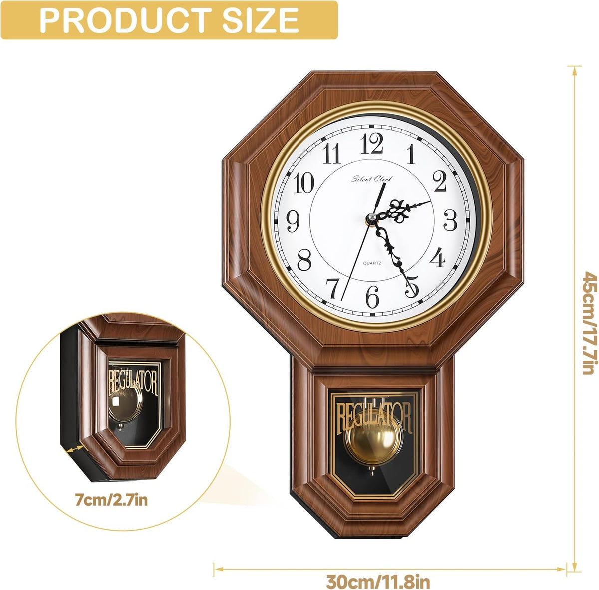 Pendulum Wall Clock,Imitation Wood Plastic Regulator Wall Clocks,Brown