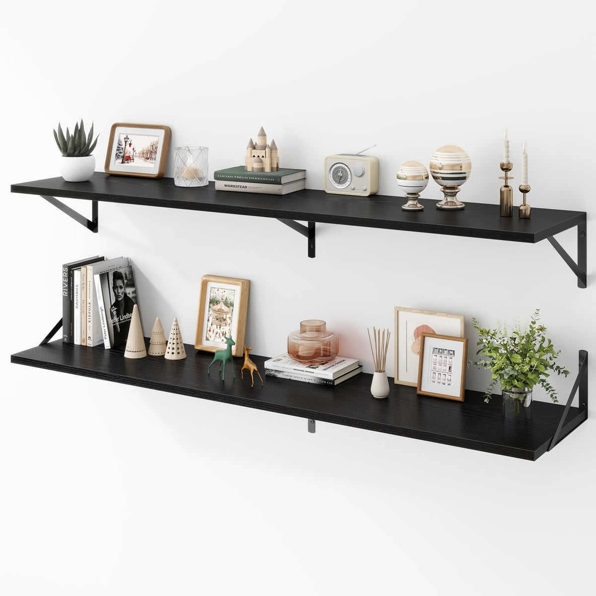 Acovy Deep Floating Shelves Wall Mounted, 36"x12" Black Wall Shelves with Brackets Set of 2 for Bedroom, Living Room, Bathroom, Kitchen, Office - Storage & Display Shelf for Decor, Books, Plants