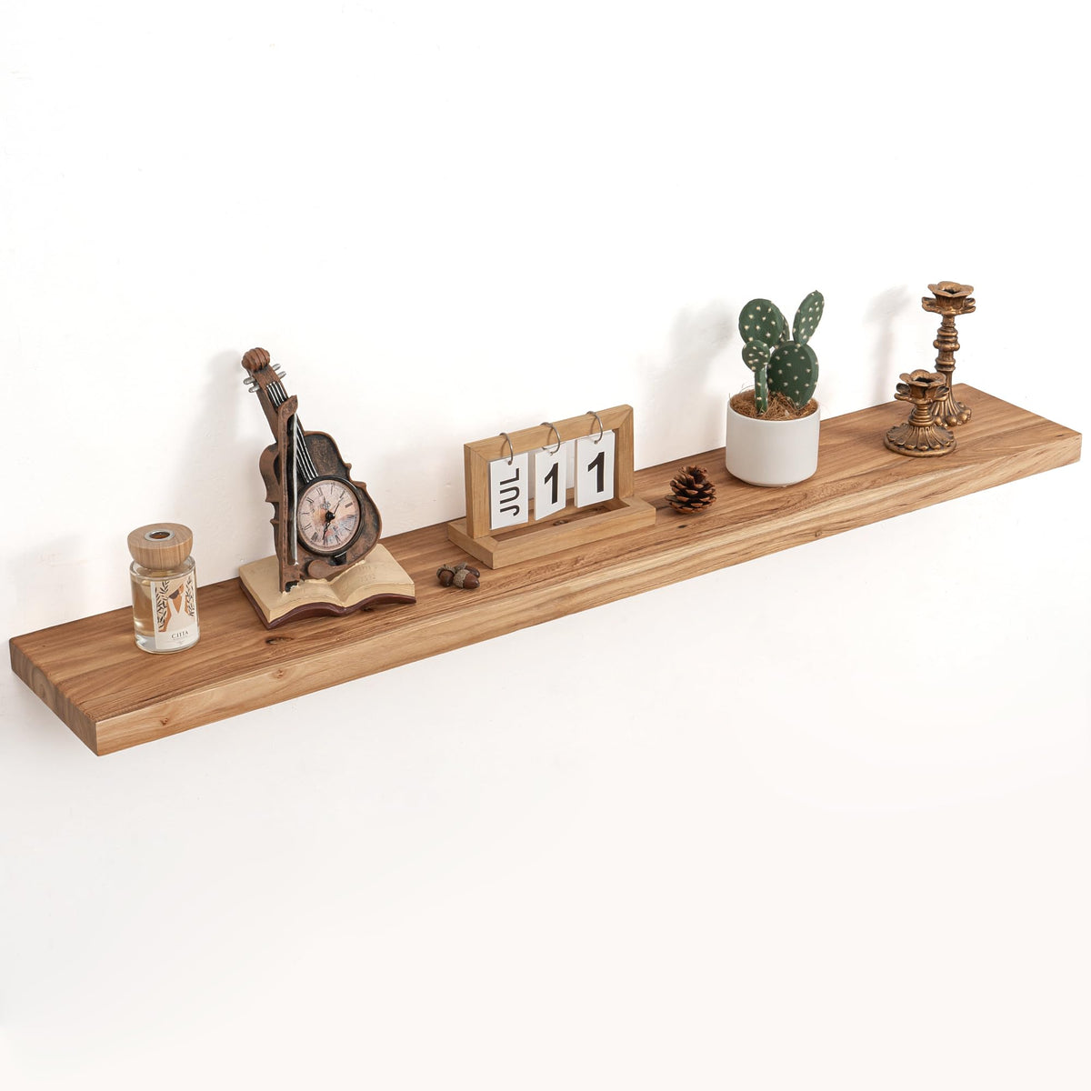 Floating Shelves for Wall Decor, Rustic Solid Elm Wood Live Edge Floating Shelves Wall Mounted, Wall Shelves with Invisible Bracket for Living Room Bathroom Bedroom Kitchen, 24 Inch Set of 2, Natural
