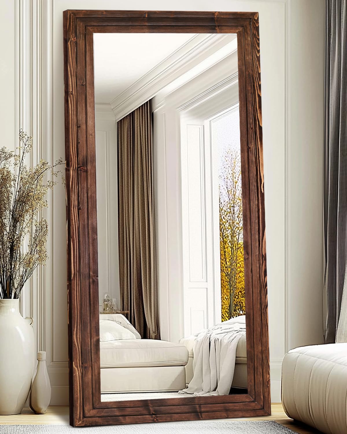 48x16in Oval Full Length Mirror Solid Wood Frame, Brown
