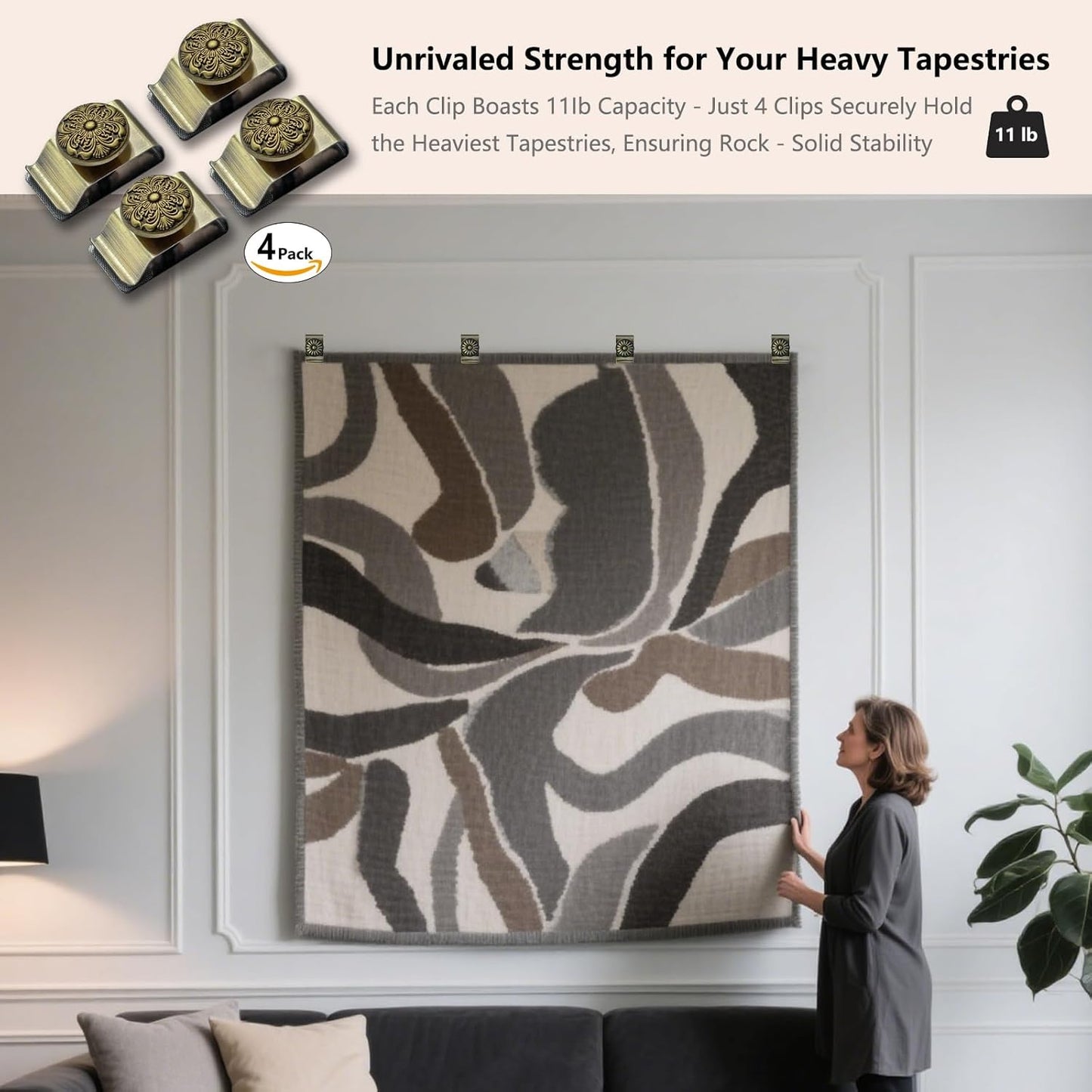 Tapestry Wall Hanging Clamps 4 Pack 1.2x2.0 Textile Art Decoration Hangers Metal Clips for Hanging Rugs Carpet Display (Bronze)