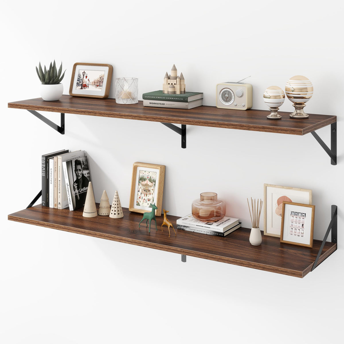 Acovy Deep Floating Shelves Wall Mounted, 36"x12" Brown Wood Shelves with Brackets Set of 2 for Bedroom, Living Room, Bathroom, Kitchen, Office - Storage & Display Shelf for Decor, Books, Plants