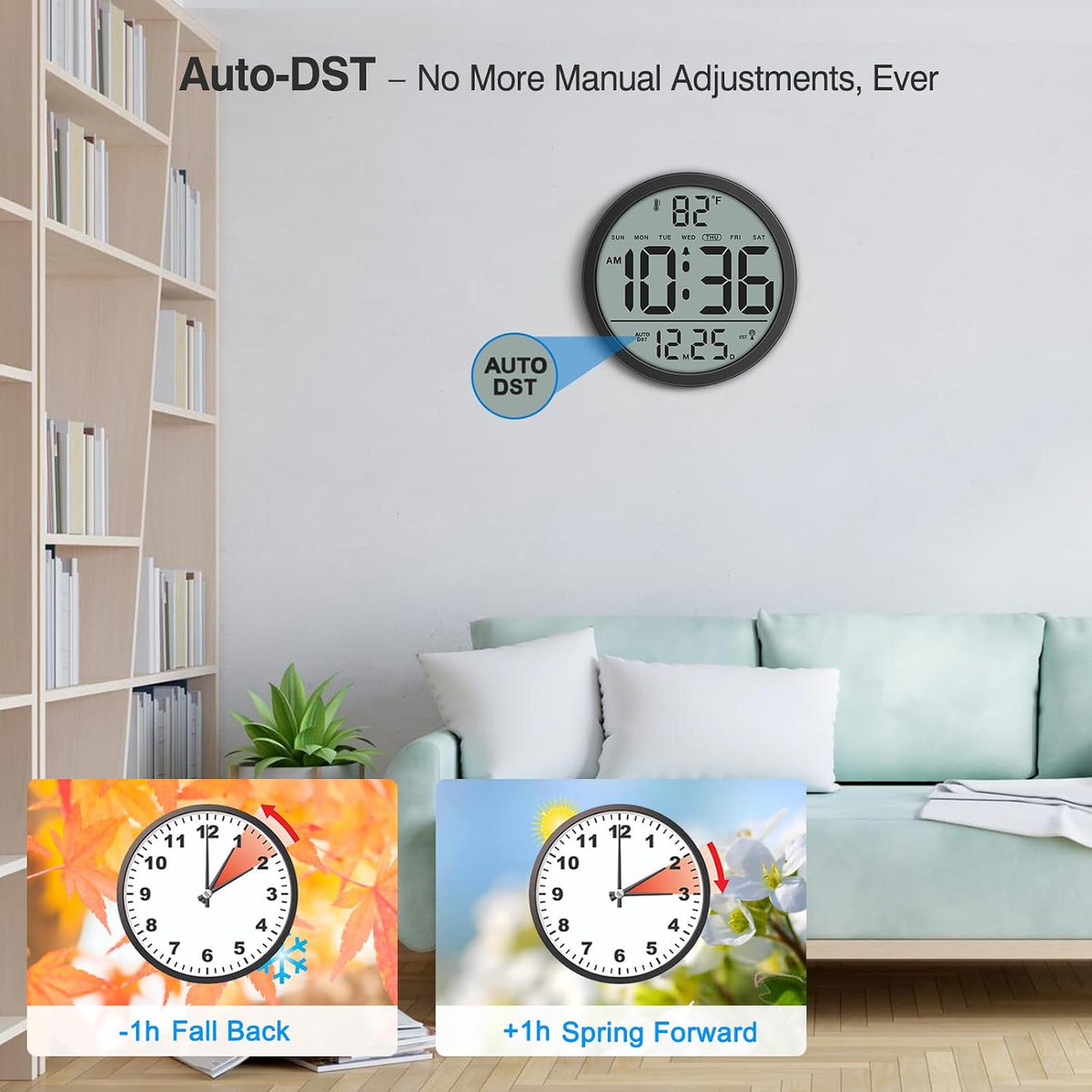 WallarGe Digital Atomic Wall Clock Battery Operated, 8 Inch Large Display