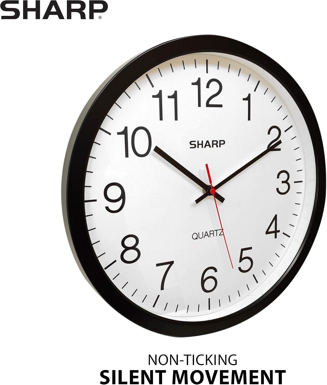 Sharp 14-Inch Battery Wall Clock, Silent Non-Ticking, Easy-Read, Black
