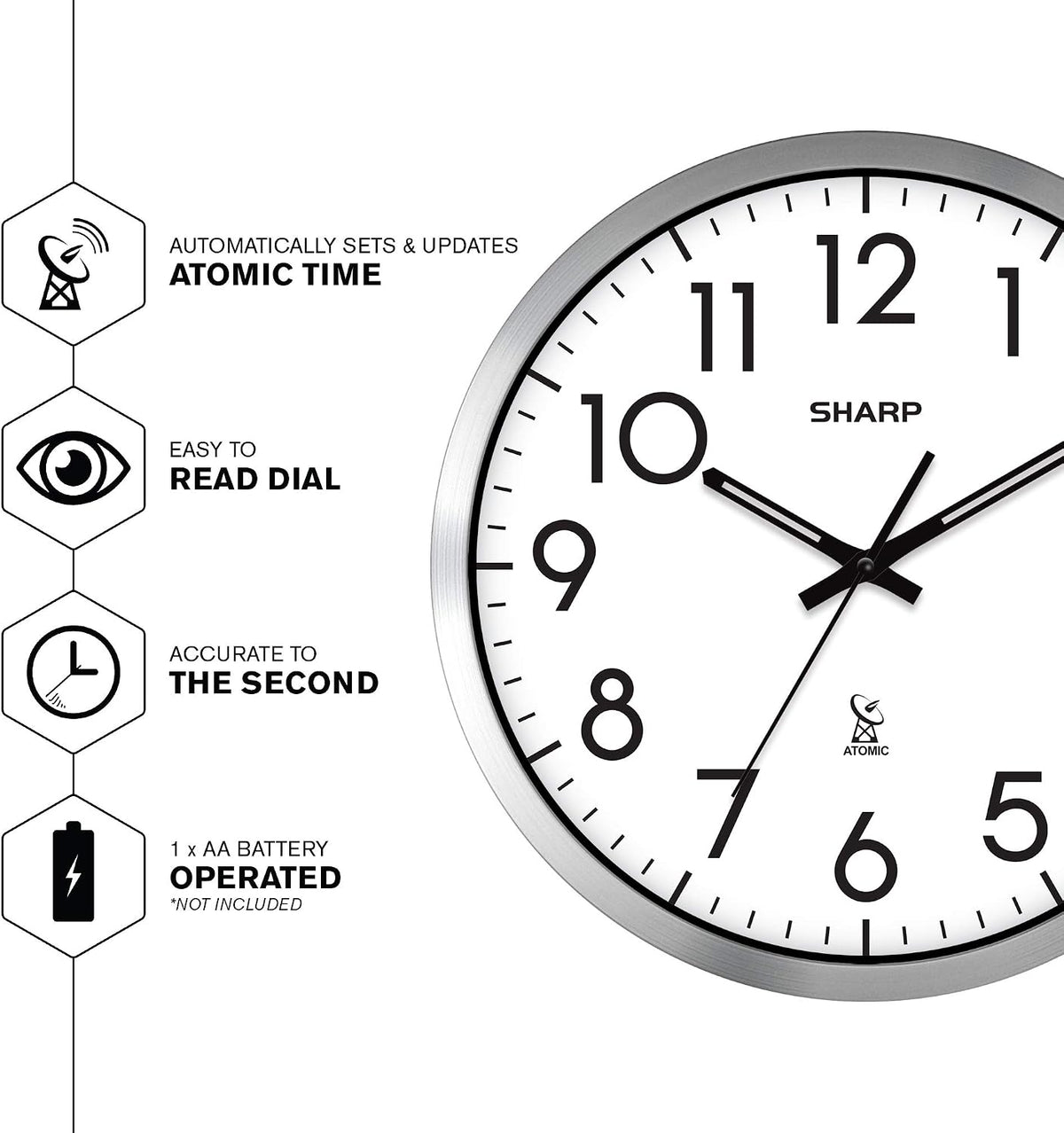 Sharp 12-Inch Atomic Wall Clock, Battery Operated, Silver Brushed Finish