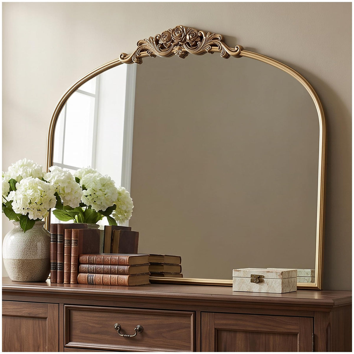 Antique Gold Arched Wall Mirror, 36" x 28" Beaded Mirror