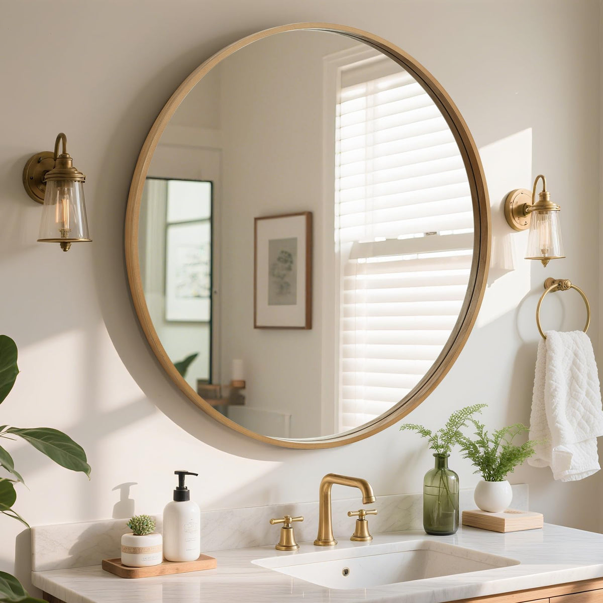 WallBeyond Round Wood Mirror 24 inch Circle Wall Mirror for Bathroom Round Wall Mirror for Wall Decor, Vanity, Entryway Living Room (Natural)