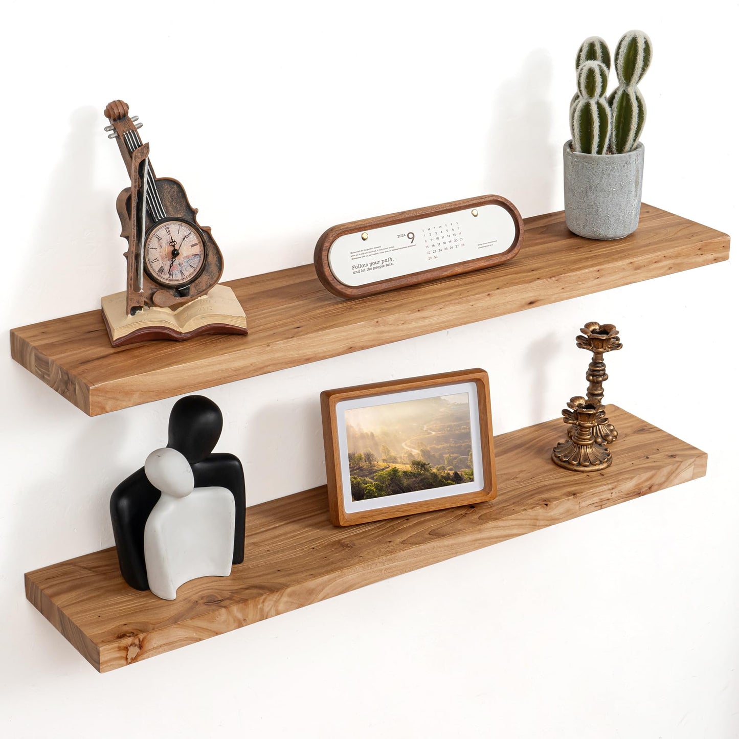 Floating Shelves for Wall Decor, Rustic Solid Elm Wood Live Edge Floating Shelves Wall Mounted, Wall Shelves with Invisible Bracket for Living Room Bathroom Bedroom Kitchen, 24 Inch Set of 2, Natural
