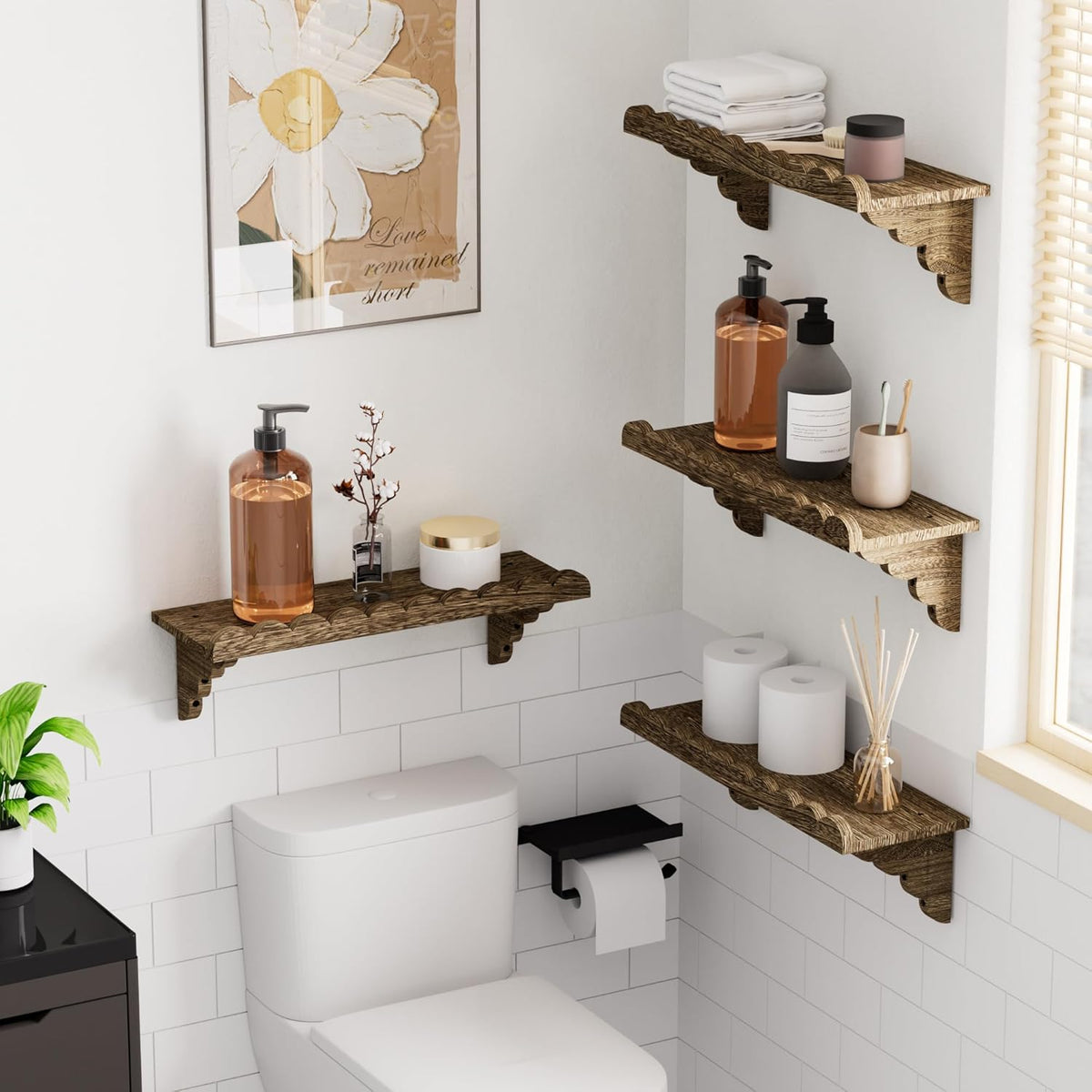 QsQueen Scalloped Wood Wall Shelf – 17 Inch Floating Shelf with Wood Brackets, Easy to Install Rustic Wall Shelf for Living Room, Bedroom, Bathroom, or Any Space