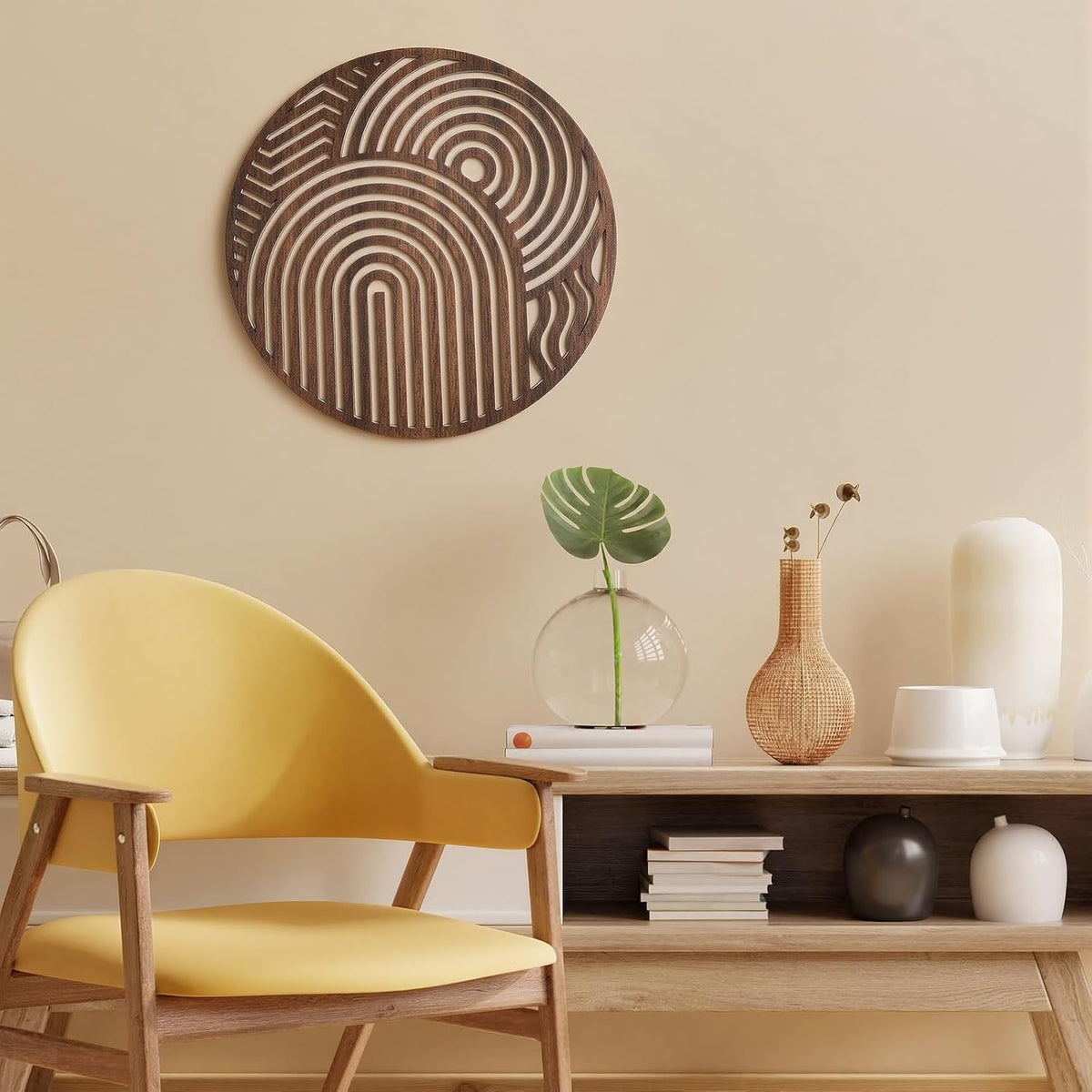 Yerliker Mcm Decor Mid Century Modern Wood Wall Art Small Walnut Geometric Wall Sculpture 11.81 Inch Boho Minimalist Abstract Panel Decor for Living Bedroom, Office, Entryway(Circular)