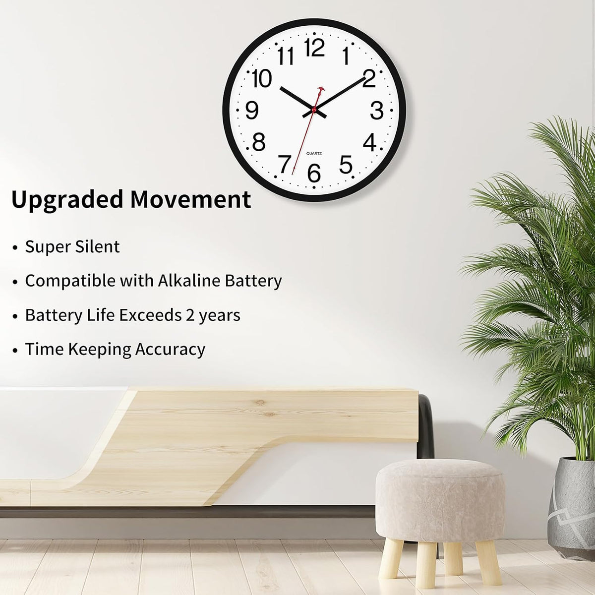 Foxtop 12 Inch Wall Clock Silent Battery Operated Analog Clock, Black