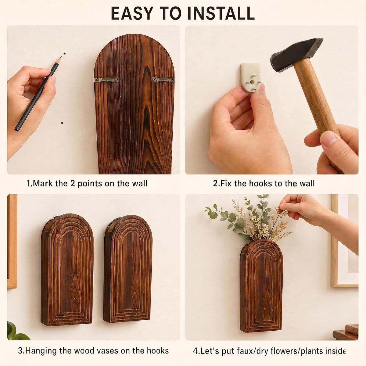 2 Pack Wooden Wall Vase Set, YOPIKUU Brown Boho Hanging Wall Planter Vase